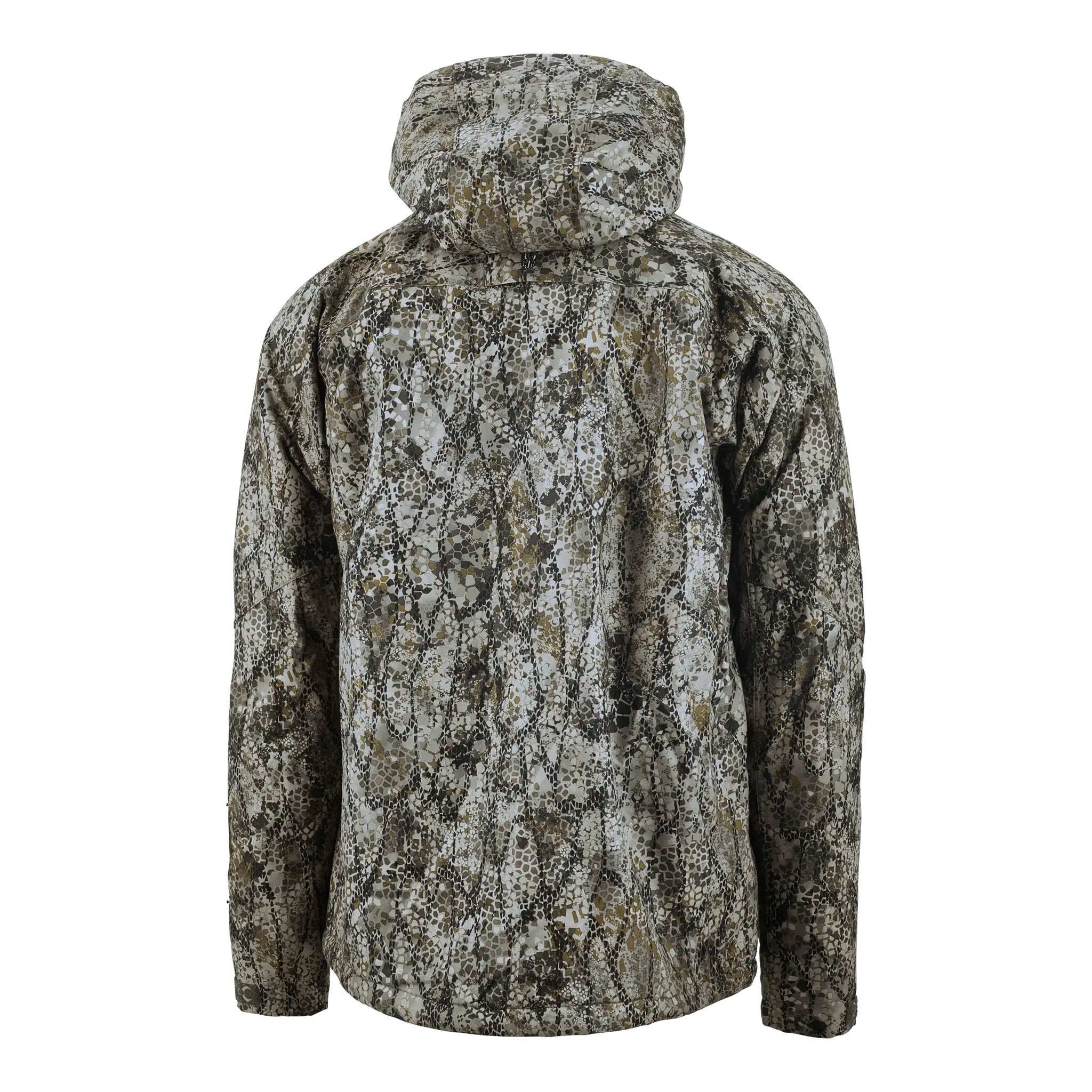 Back view of Moonrivers camo jacket with hood; subtle Moonrivers skull logo on right shoulder.