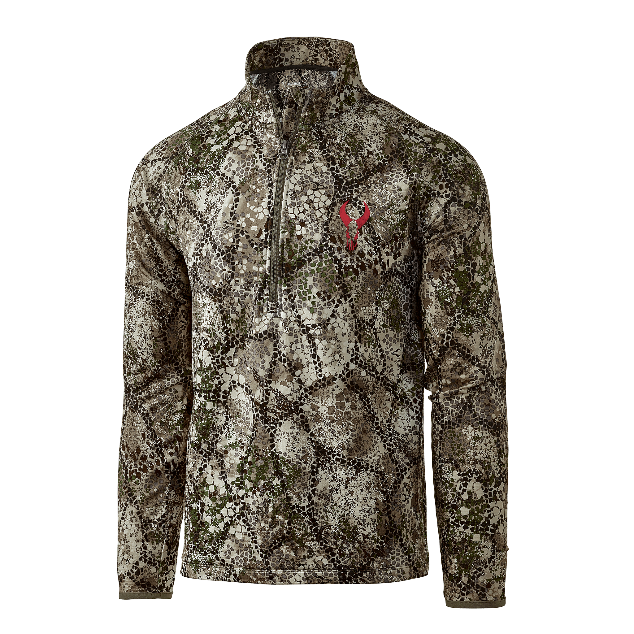 Camo pullover with zip collar and red Moonrivers skull logo on chest, designed for outdoor or hunting activities.