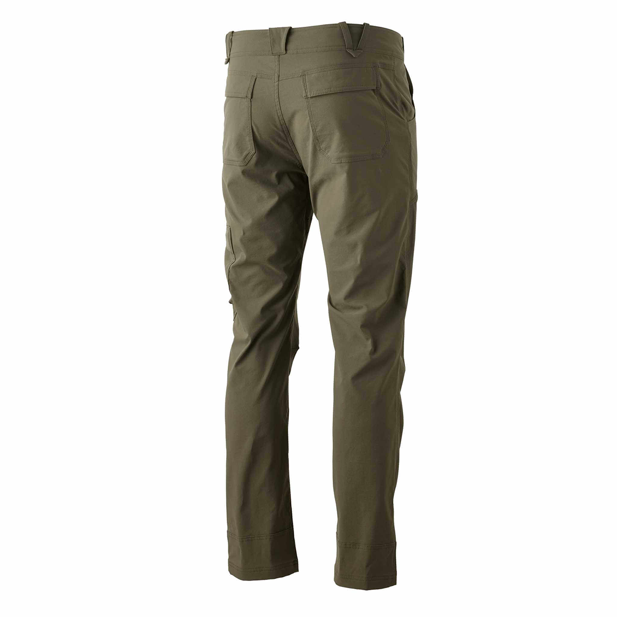Olive green pants shown from the back, featuring belt loops and rear pockets; plain background for clear visibility.