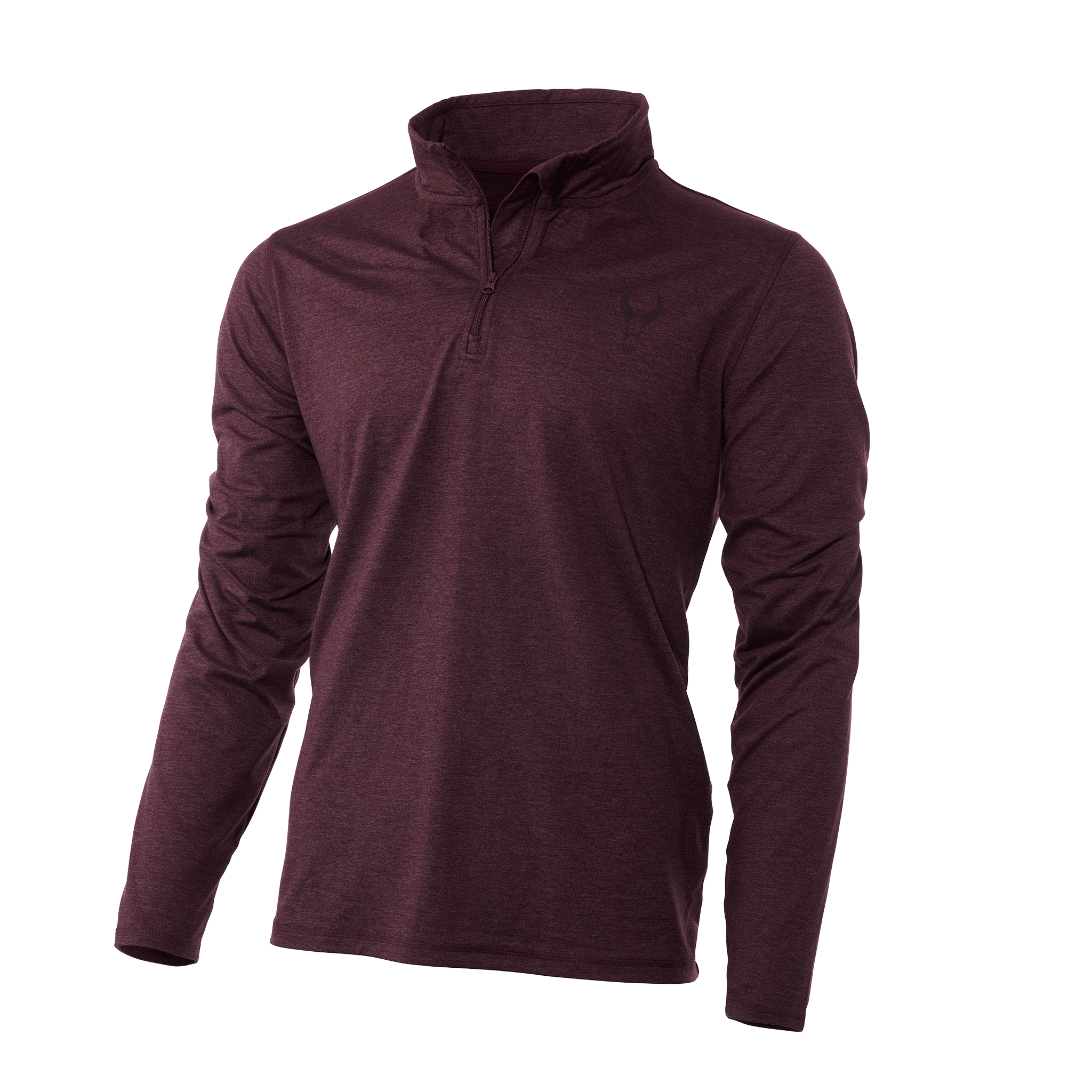 Maroon Moonrivers quarter-zip long sleeve shirt with subtle skull logo on chest, shown on a plain background.