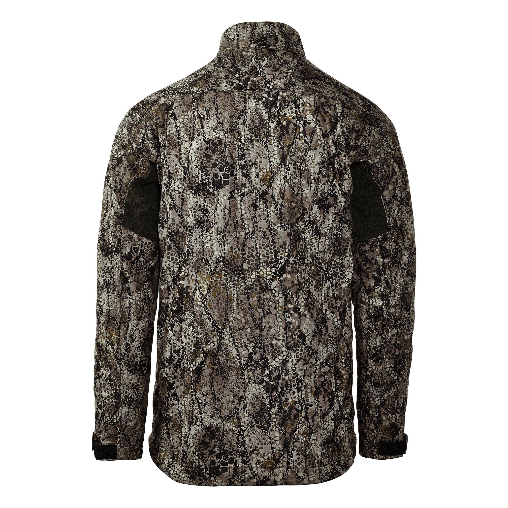 Back view of a camouflage hunting jacket with Moonrivers Logo at the top center, long sleeves, and dark elbow patches.