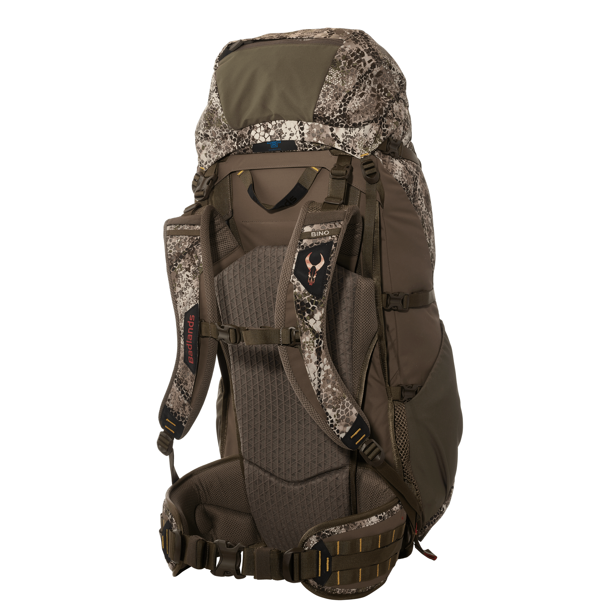 Moonrivers hunting backpack in camo with padded straps and Moonrivers skull logo on the harness, designed for outdoor use.