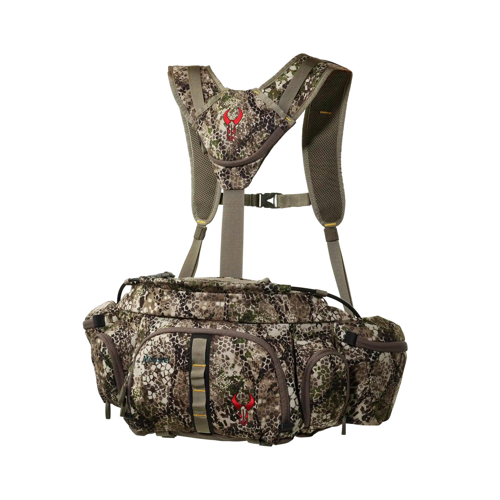 Moonrivers camo waist pack with harness and red skull logo, designed for hunting gear organization and comfort.