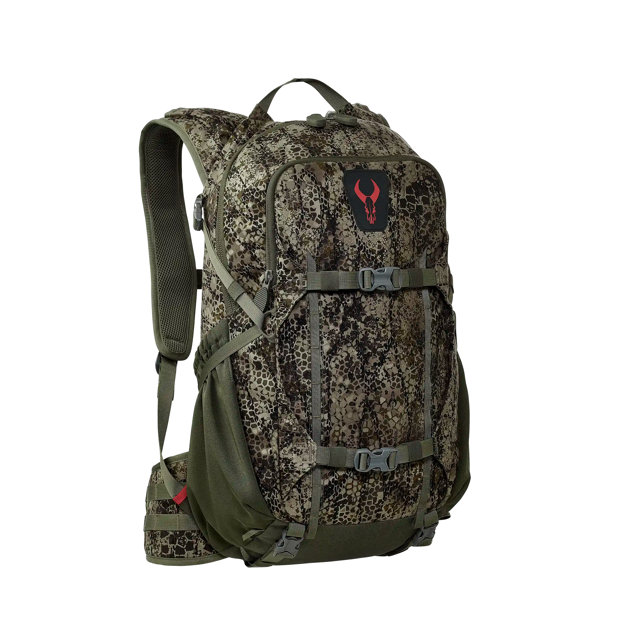 Camo backpack with Moonrivers skull logo, adjustable straps, and padded shoulder support, designed for outdoor use.