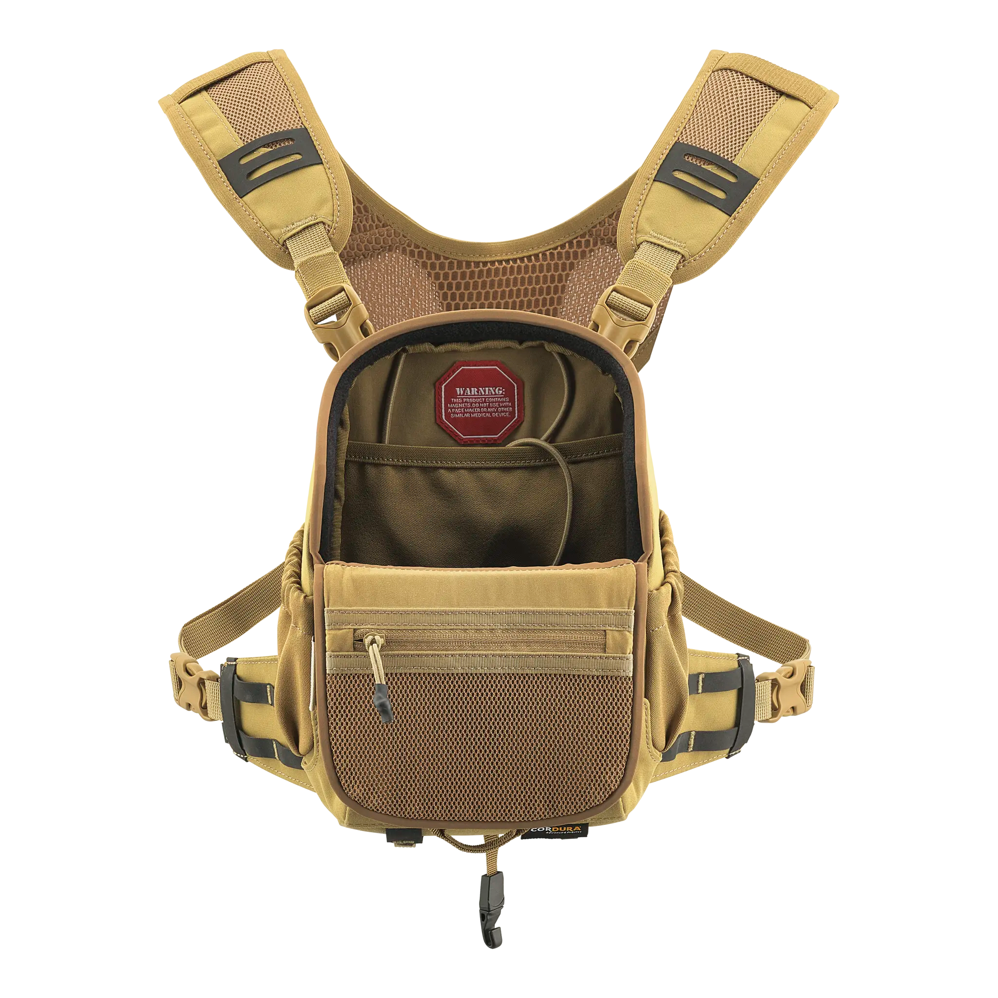 Tan Moonrivers chest pack with mesh straps, zippered front pocket, and open main compartment for easy gear access.