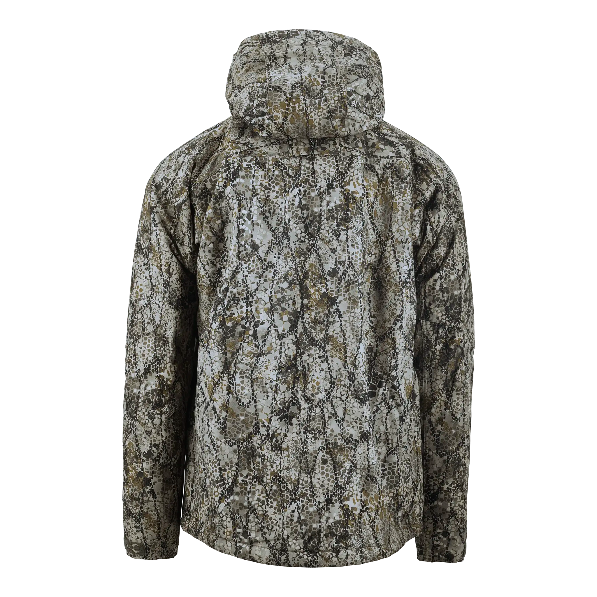 Back view of a Moonrivers camo jacket with hood; features the Moonrivers skull logo.