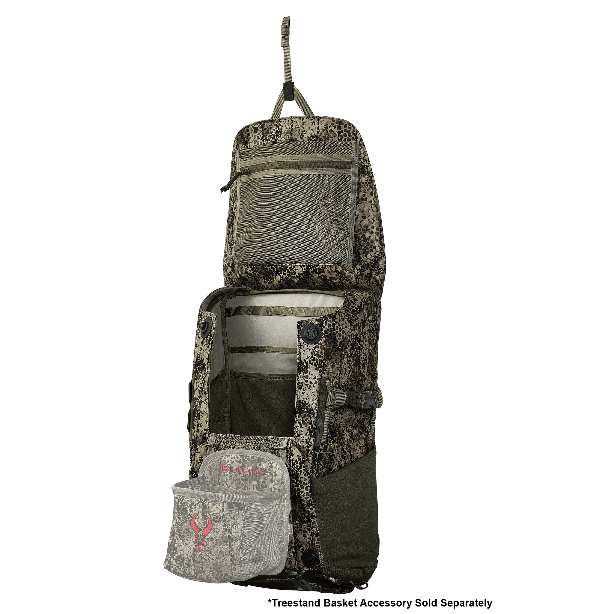 Open camo hunting backpack with Moonrivers Logo, multiple compartments, mesh pocket, and hanging strap for easy access.