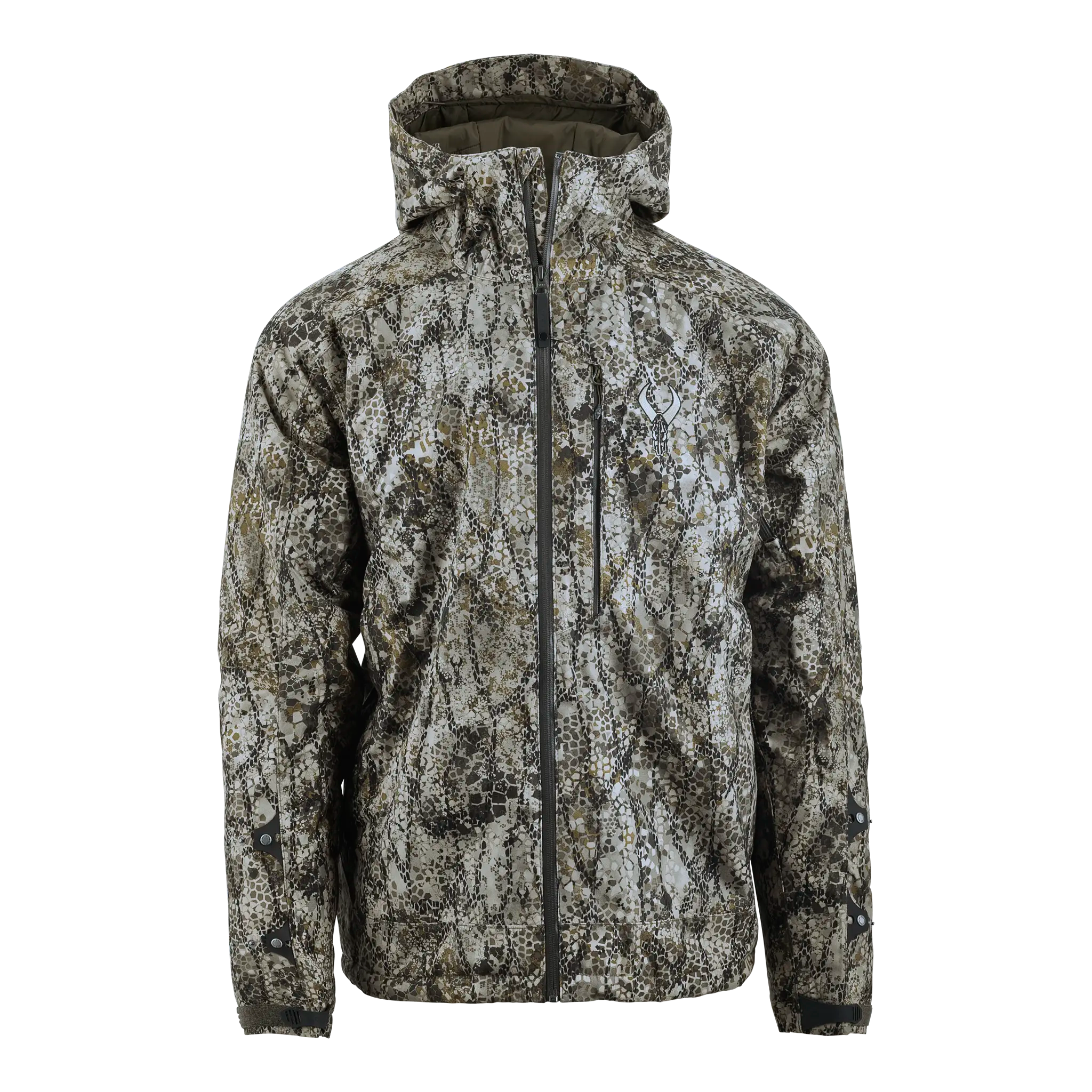 Moonrivers camo jacket with hood and front zipper, featuring the Moonrivers skull logo on the chest.