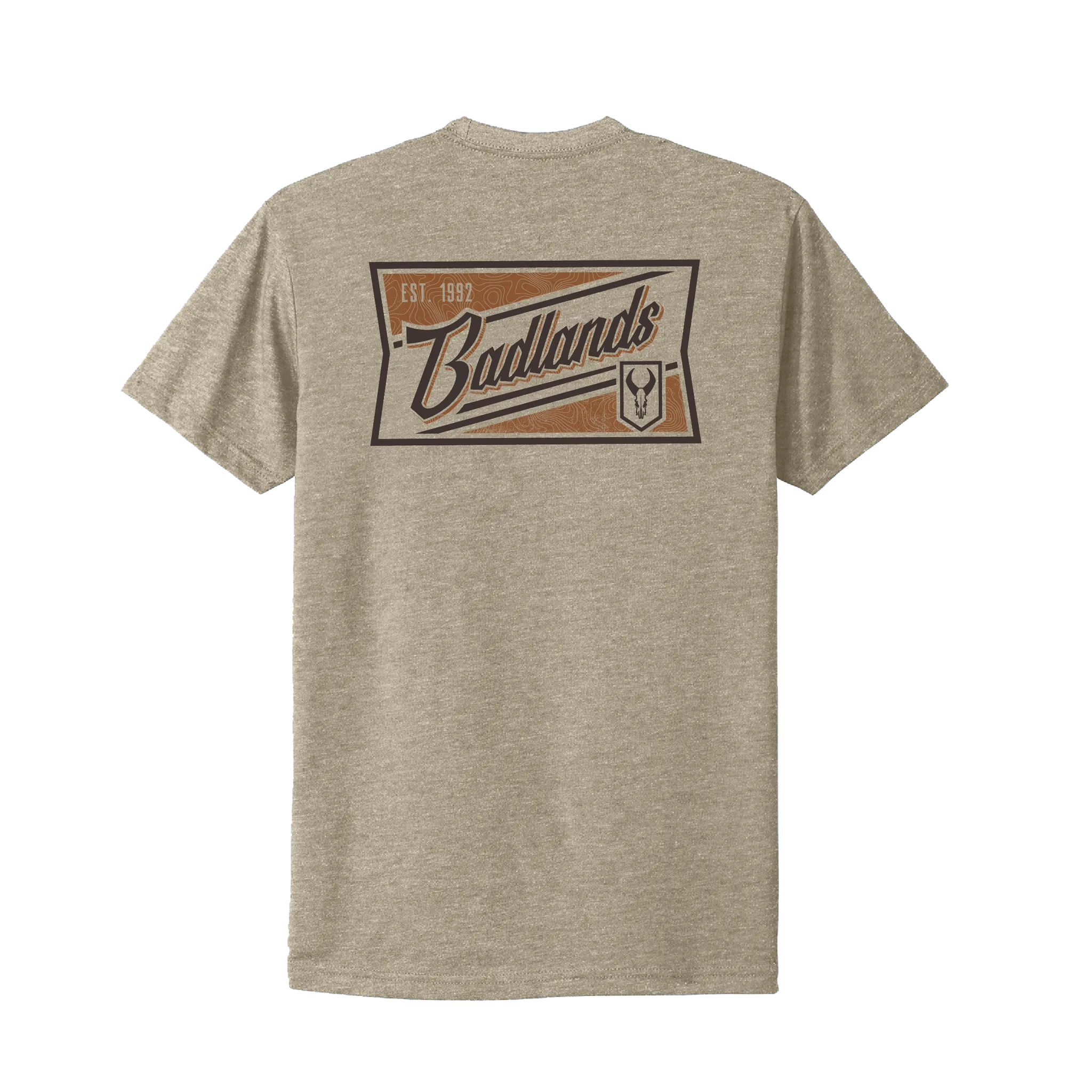 Tan t-shirt with "Badlands" text, established 1992, and Moonrivers skull logo on the back in a brown graphic design.