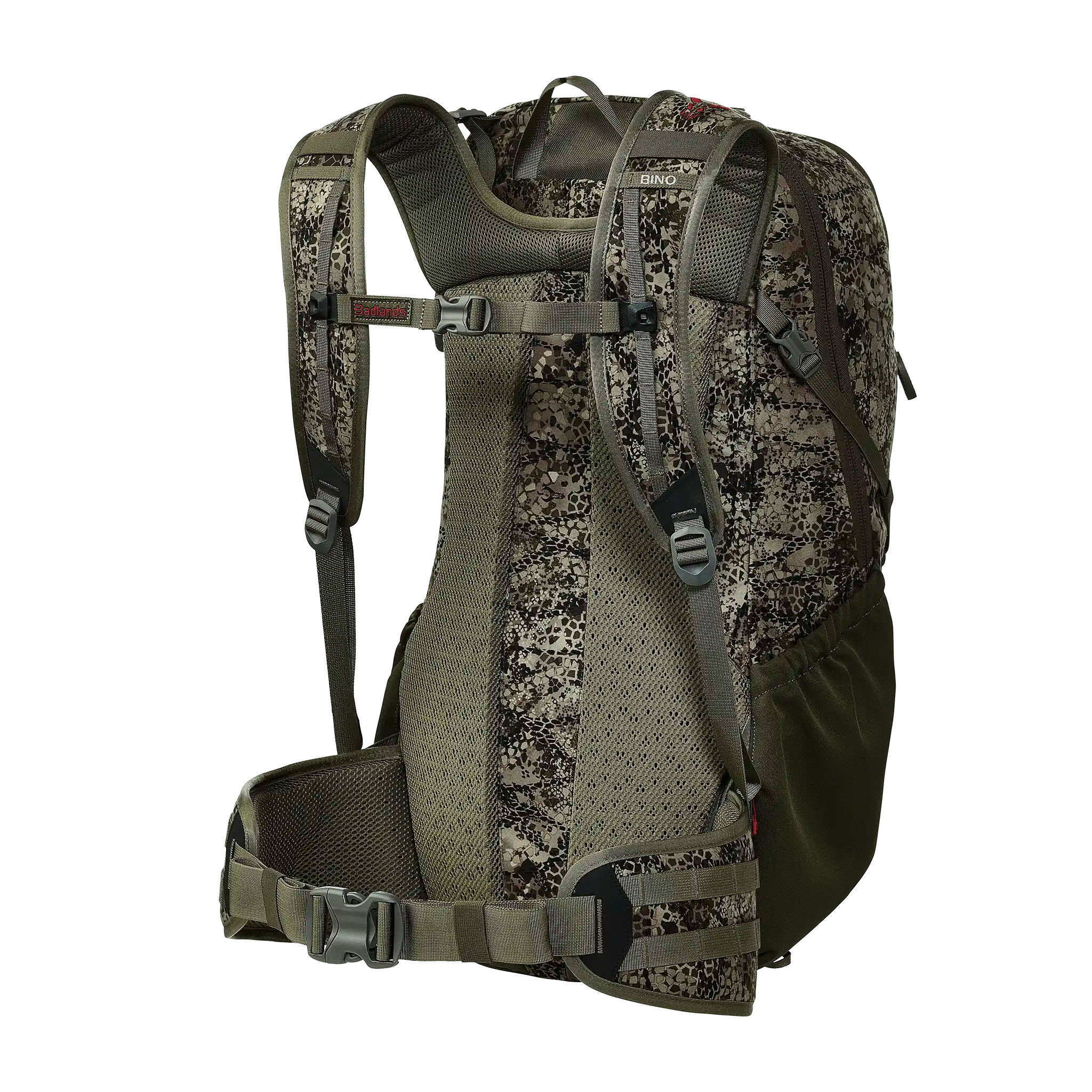 Camo hunting backpack with padded straps, mesh back panel, and Moonrivers Logo on the left shoulder strap.