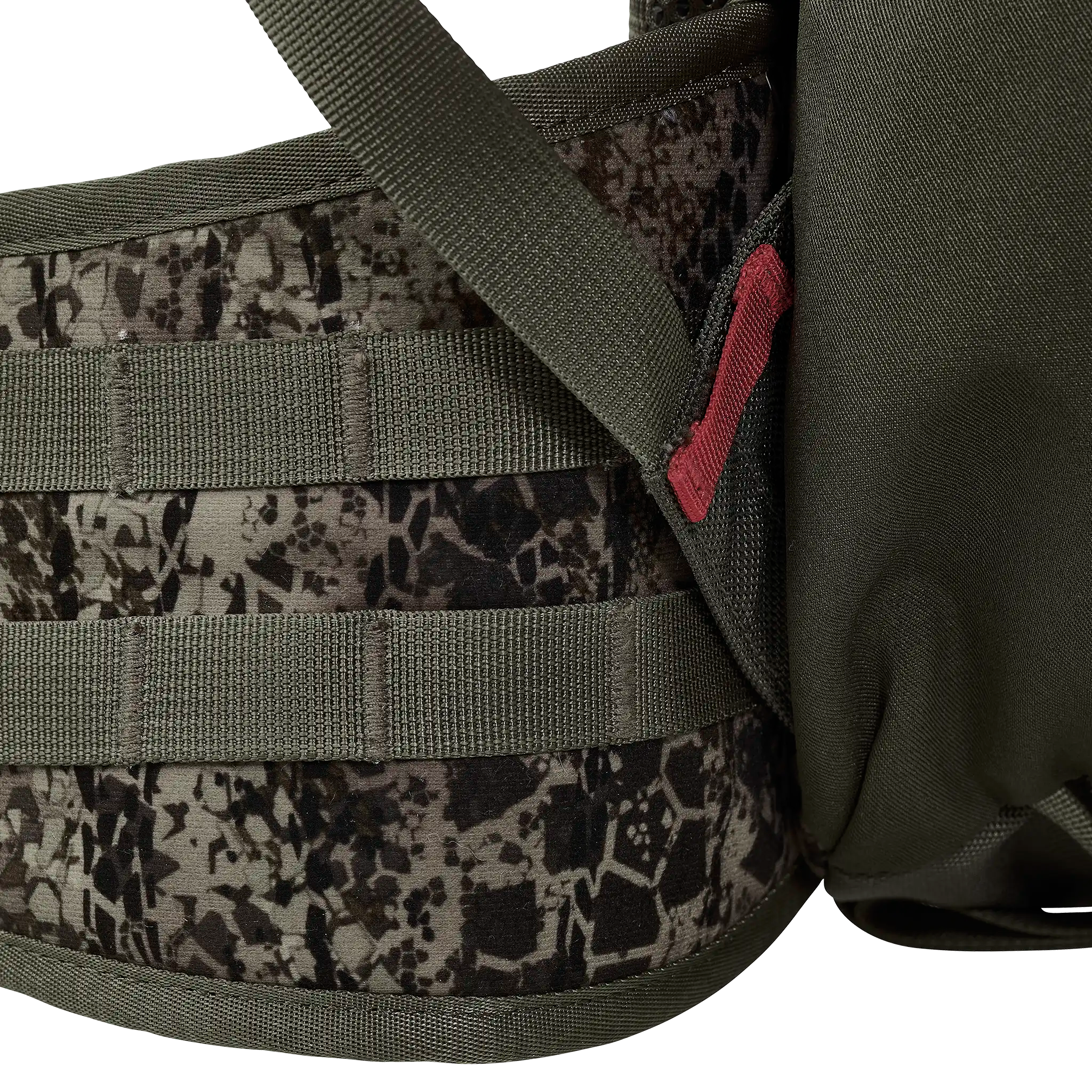 Close-up of a camouflage Moonrivers backpack waist belt with MOLLE webbing and a red accent loop.