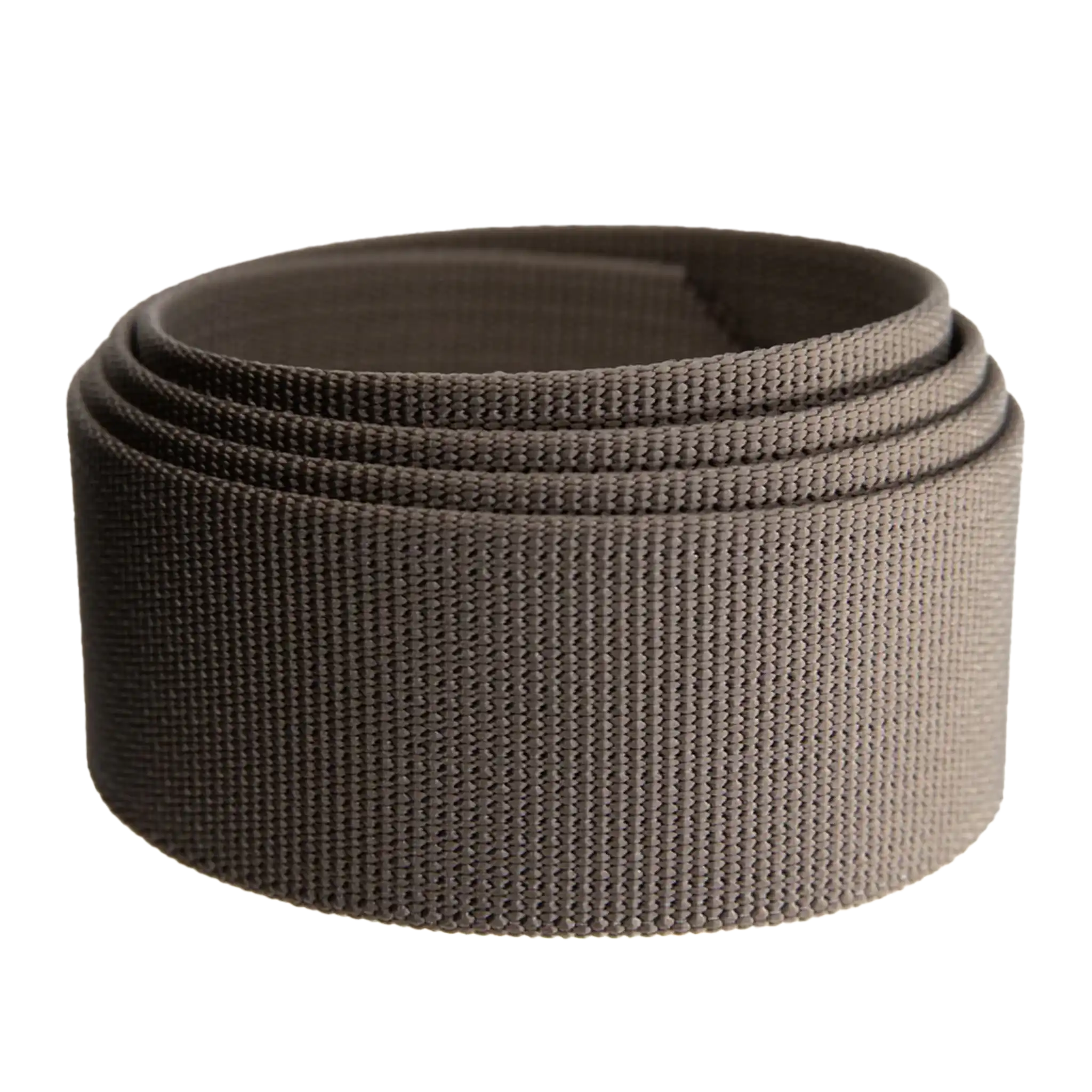 A roll of brown nylon webbing, tightly coiled, used for outdoor gear or straps.