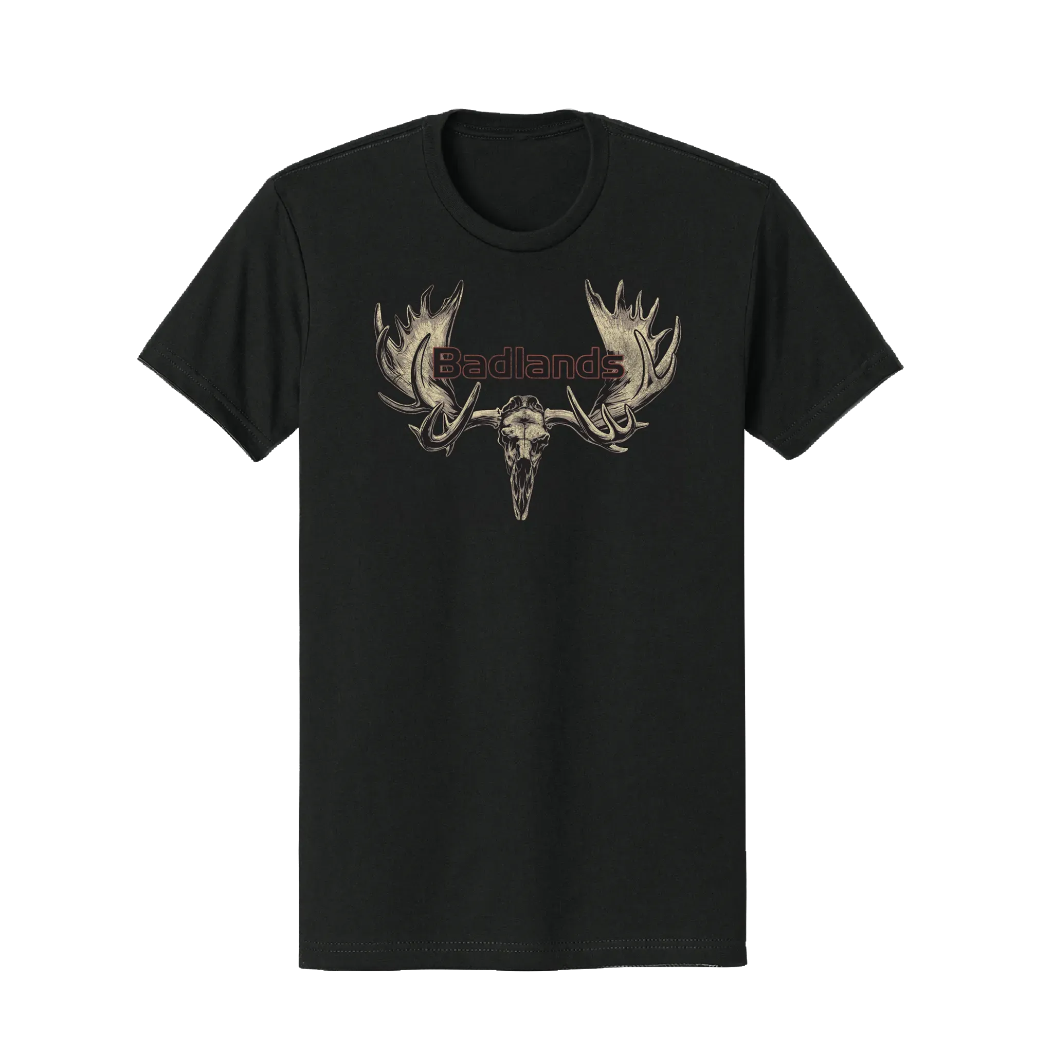 Black t-shirt with Moonrivers Logo, featuring a deer skull and antlers graphic with "Badlands" text above.