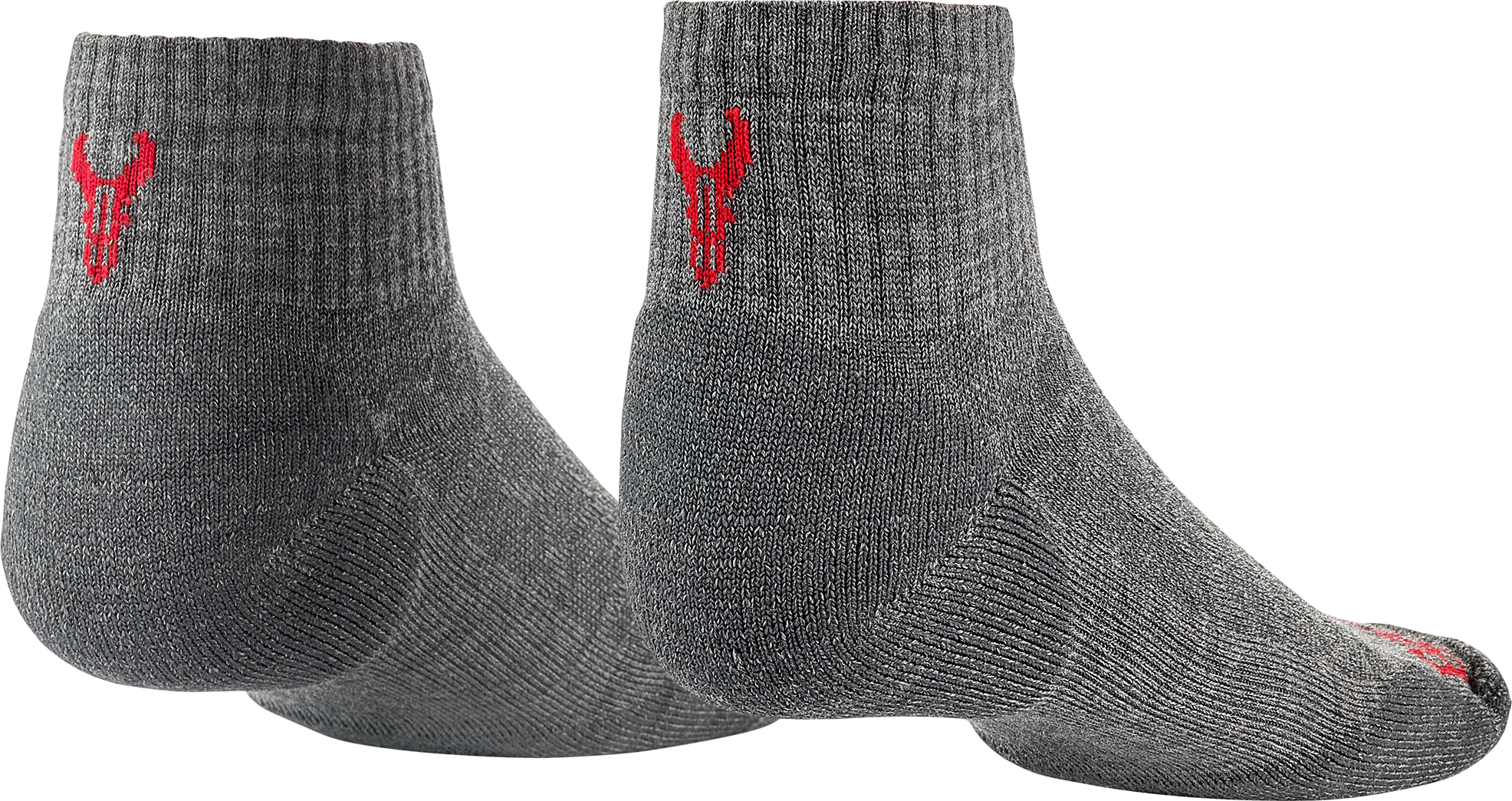 Gray ankle socks with a red Moonrivers skull logo on the back, shown from the heel side.