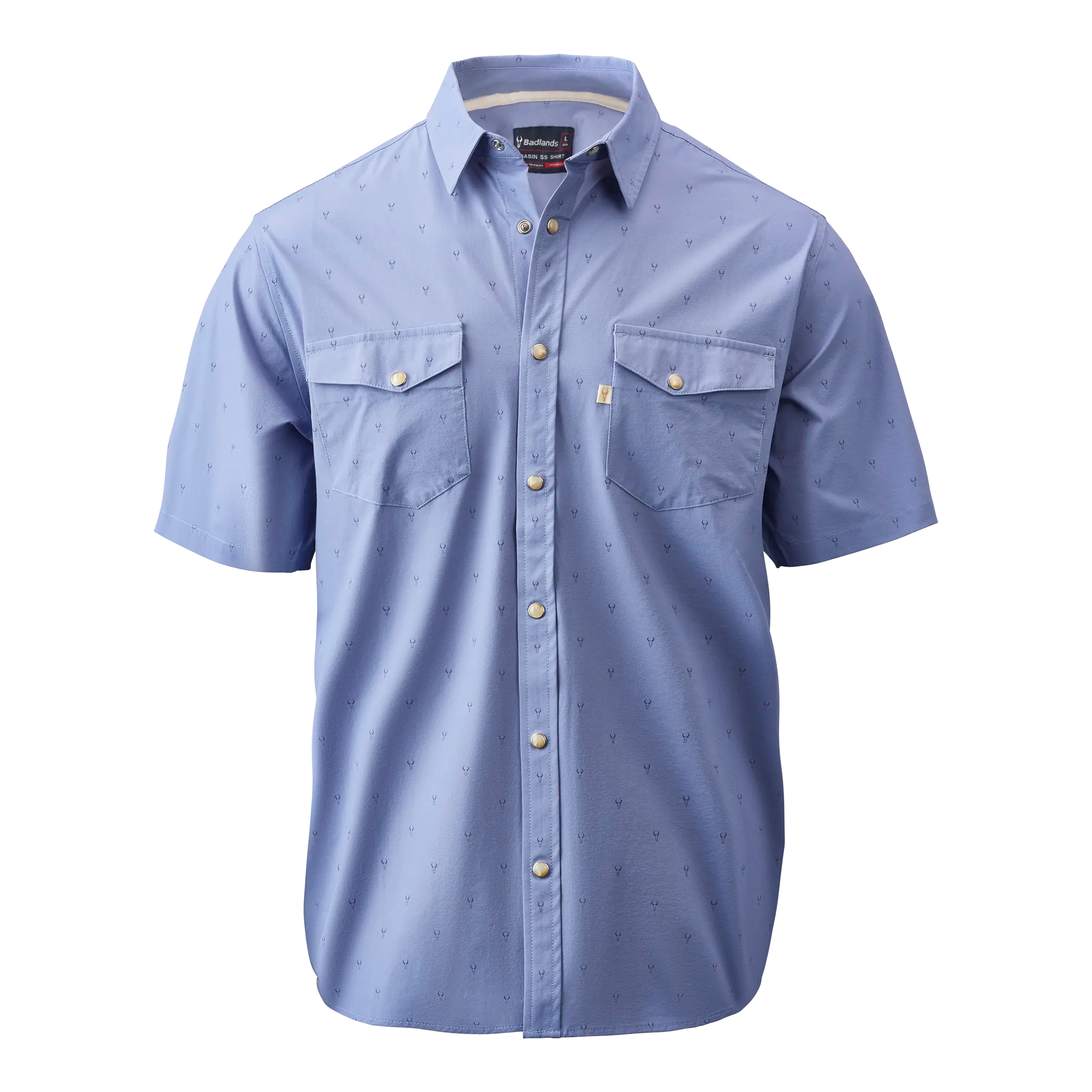 Light blue short-sleeve button-up shirt with subtle Moonrivers skull logos and two chest pockets.