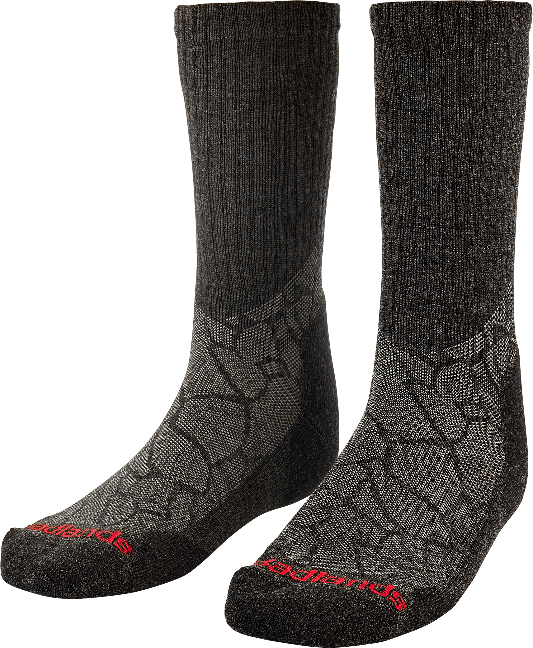Pair of gray Moonrivers socks with textured pattern and red Moonrivers logo on the toes.