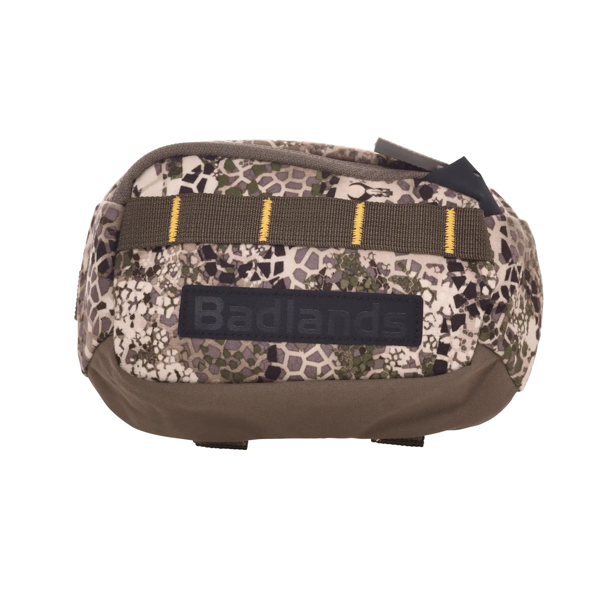 Camo-patterned Moonrivers pouch with yellow-stitched strap and accessible zipper, ideal for outdoor gear storage.