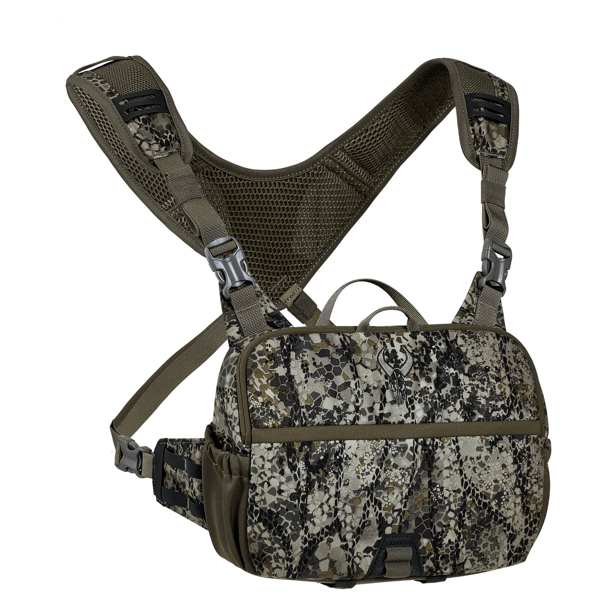 Camouflage chest pack with Moonrivers skull logo, adjustable straps, mesh backing, and multiple compartments for outdoor gear.
