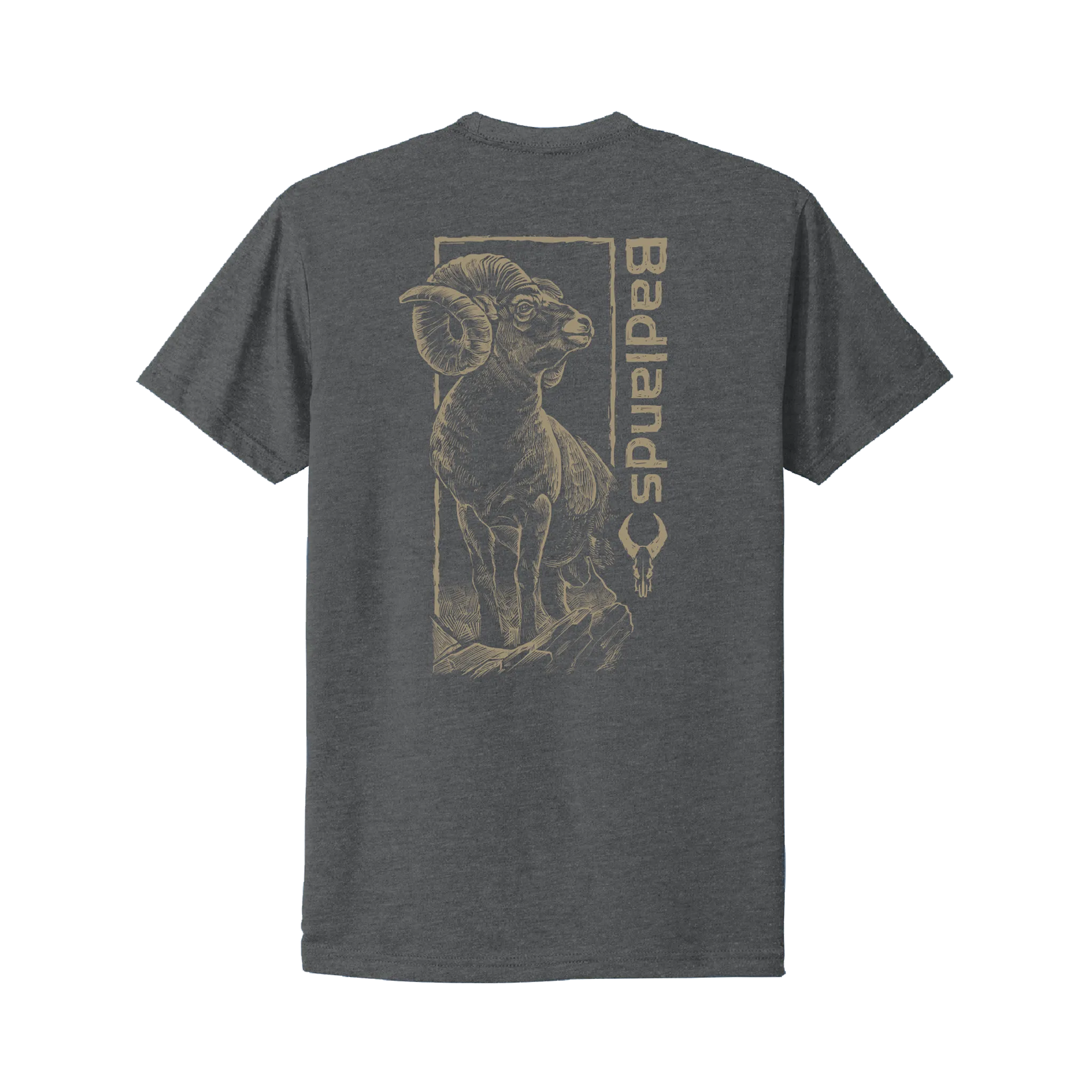 Gray t-shirt featuring a bighorn sheep, vertical "Badlands" text, and the Moonrivers skull logo on the back.