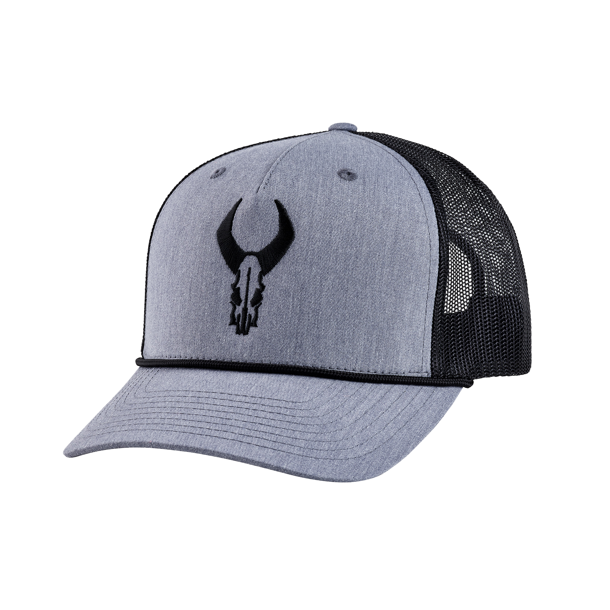 Gray Moonrivers trucker hat with black mesh and embroidered Moonrivers skull logo on front.