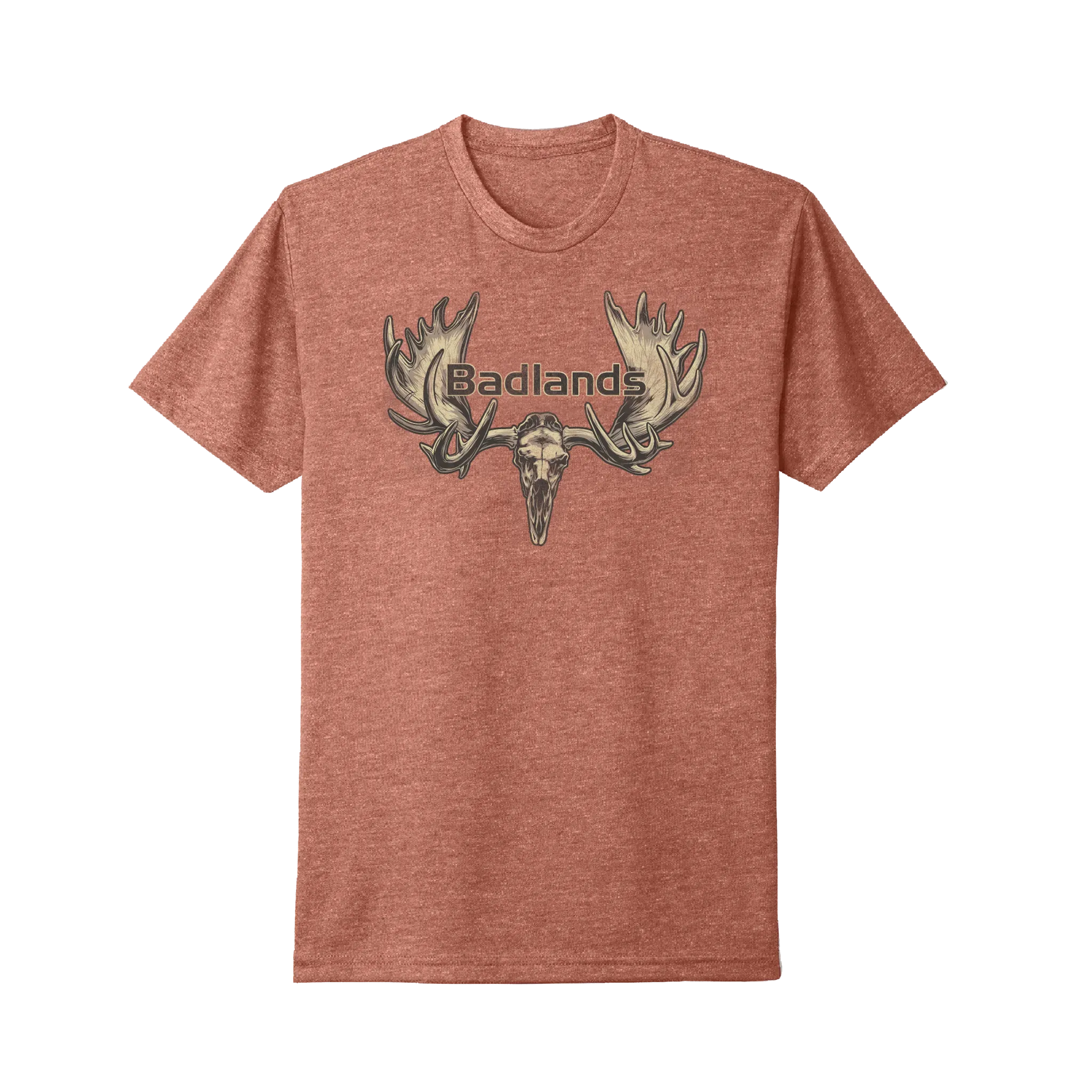 Heather red t-shirt with Moonrivers Logo, featuring antlers and skull graphic, centered on the chest.