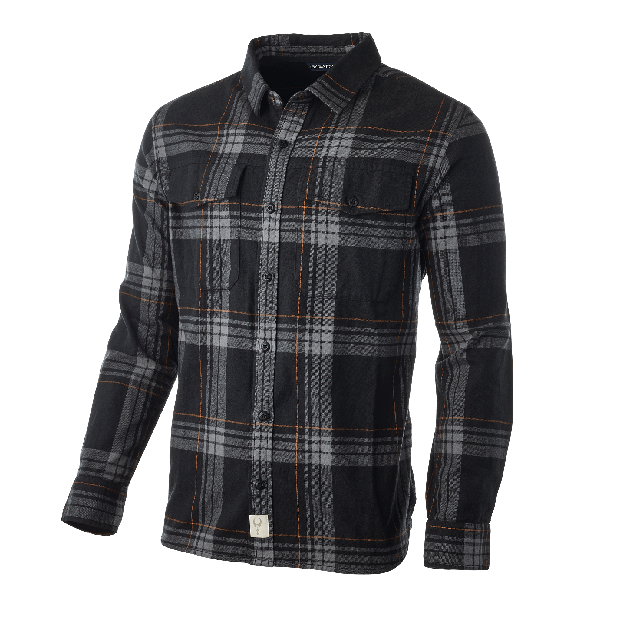 Black and gray plaid Moonrivers shirt with orange stripes, button front, chest pockets, and skull logo tag at hem.