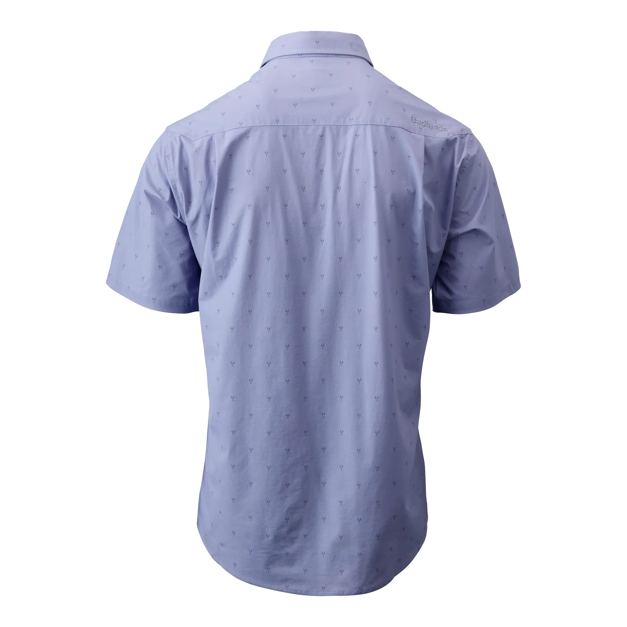 Light blue short-sleeve shirt, back view, with subtle Moonrivers skull logos patterned across the fabric.
