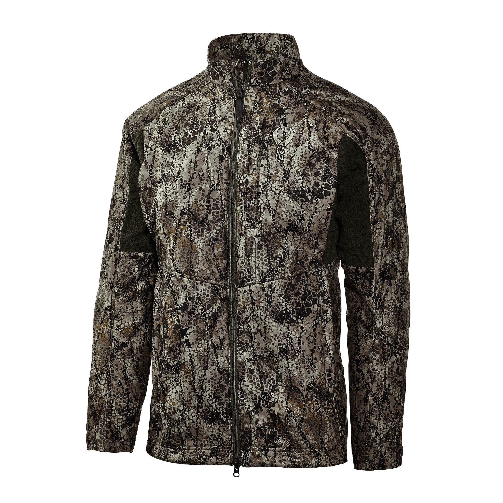 Camo hunting jacket with full front zipper and Moonrivers skull logo on chest, designed for outdoor use.