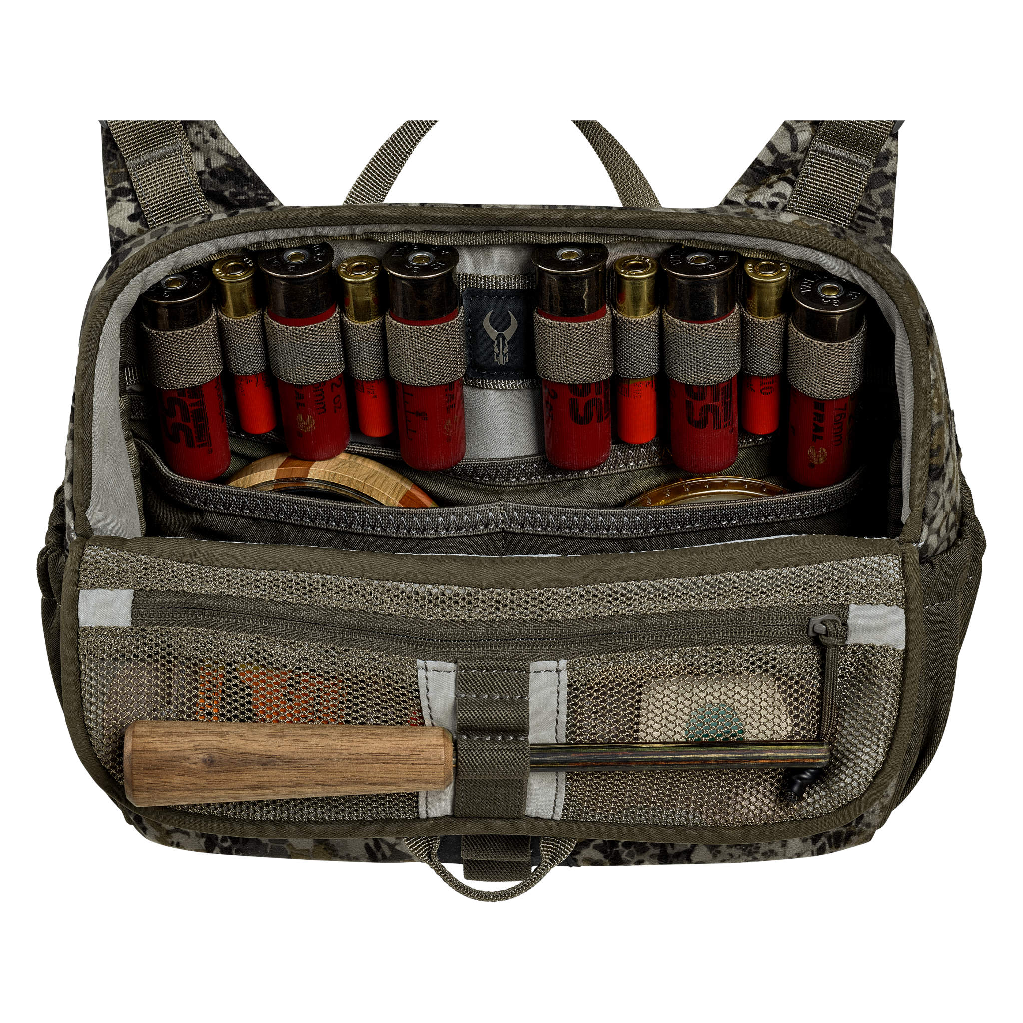 Open hunting bag with Moonrivers Logo, holding shotgun shells, a wooden tool, and organized gear in mesh pockets.