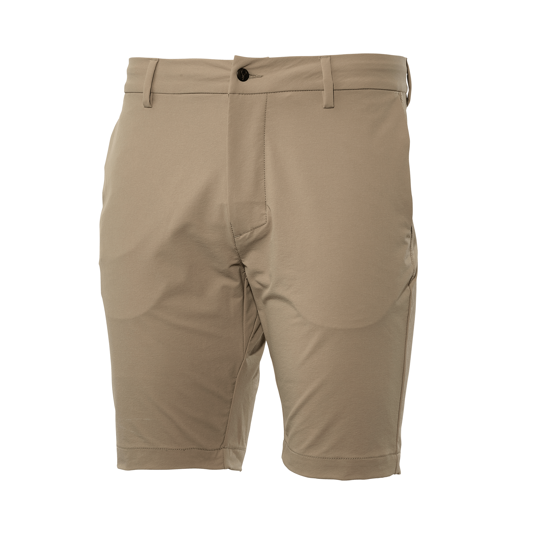 Tan Moonrivers shorts with belt loops and button closure, featuring a subtle Moonrivers skull logo for outdoor wear.