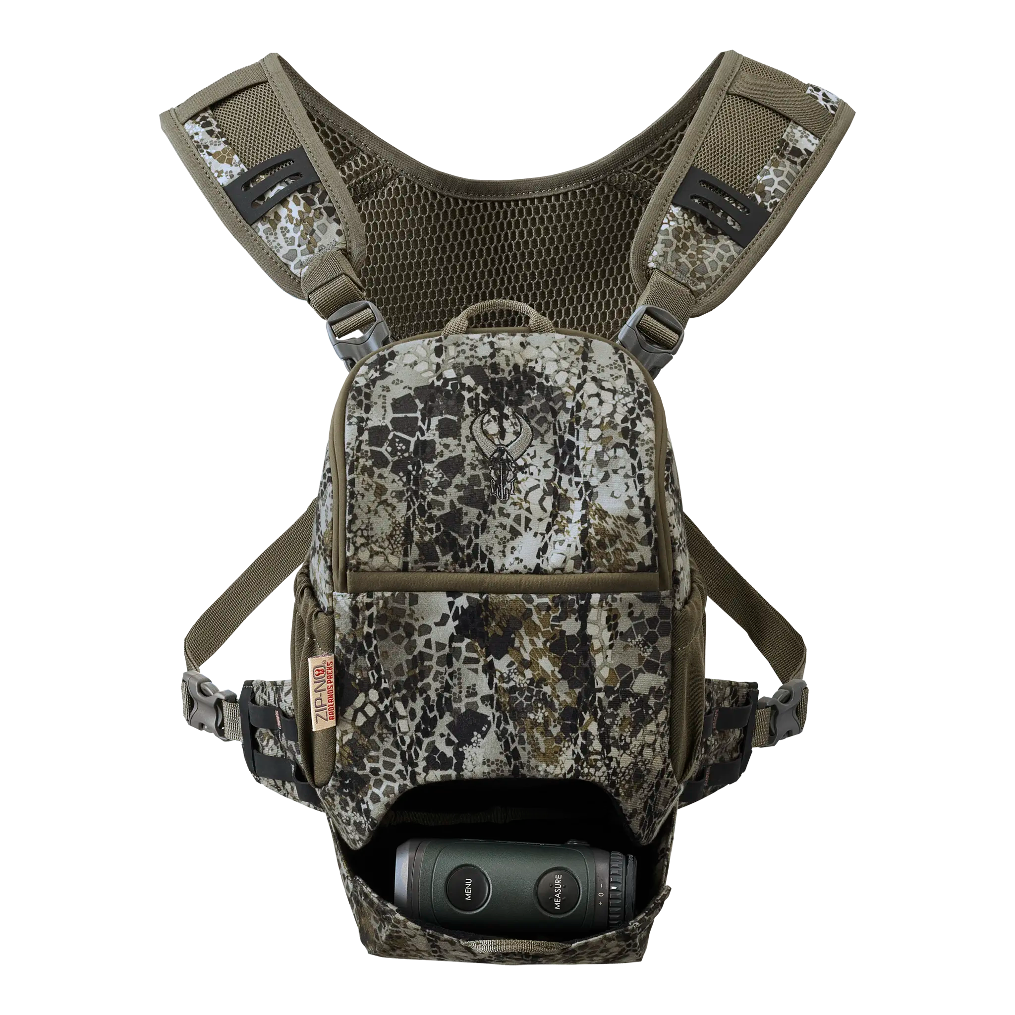 Camo-patterned Moonrivers chest pack with skull logo, mesh straps, and binoculars stored in the front pocket.