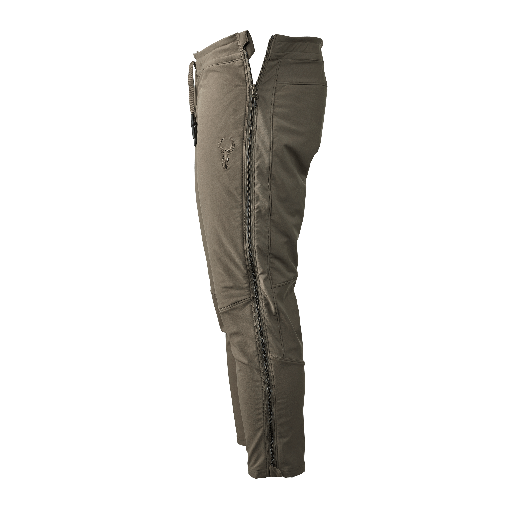 Olive Moonrivers hunting pant with full side zipper and embroidered skull logo on thigh, shown in profile view.