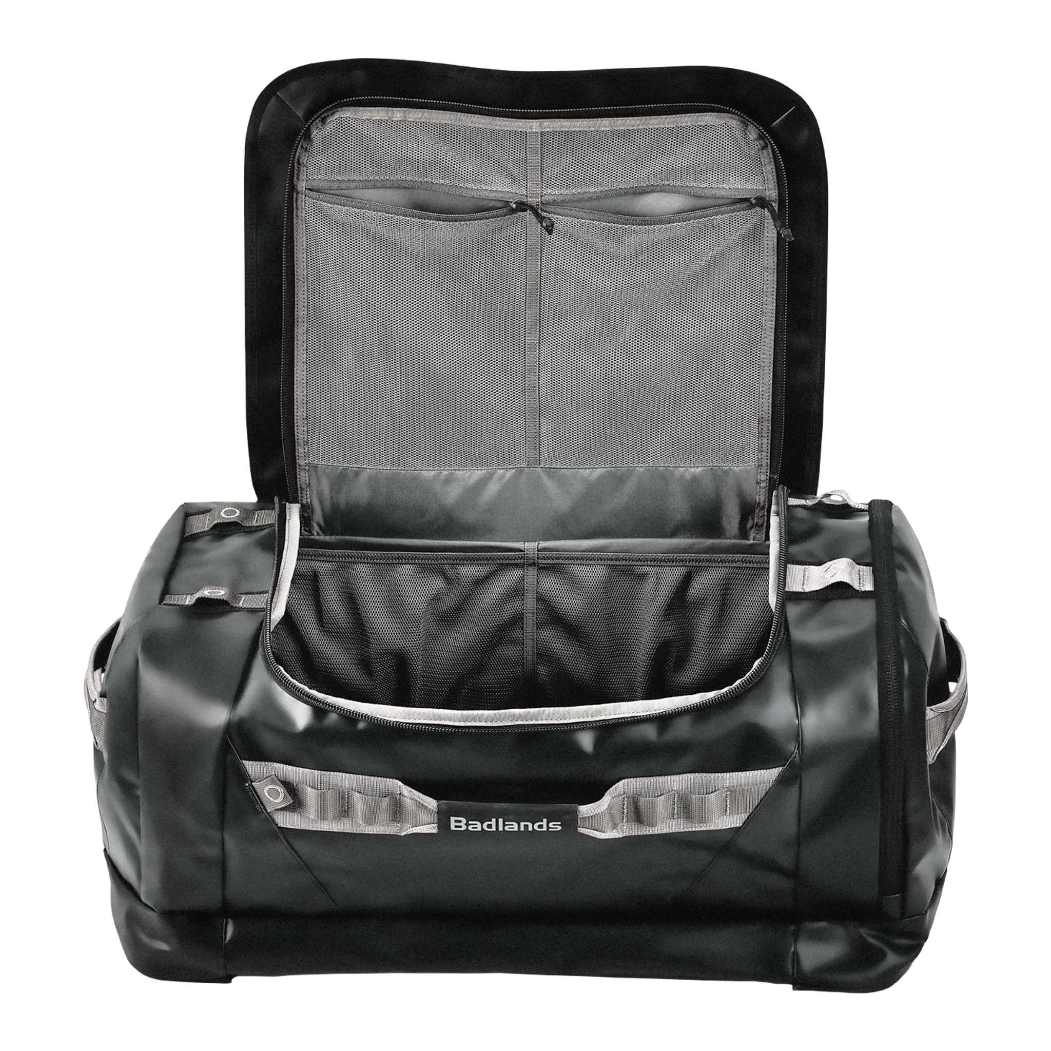 Open black Moonrivers duffel bag with mesh pockets and accessible main compartment, shown against a plain background.