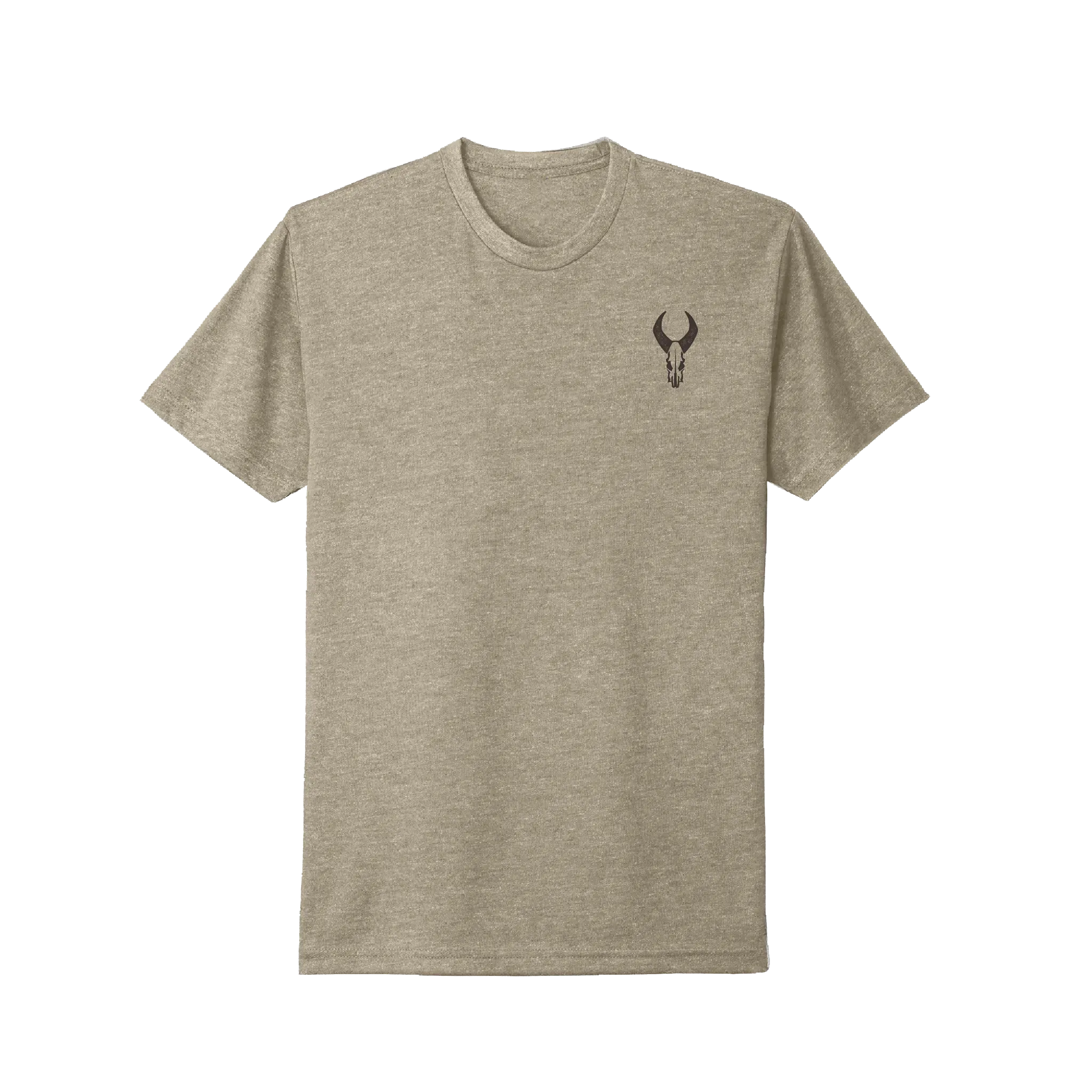 Tan short-sleeve t-shirt with a small black Moonrivers skull logo on the left chest.