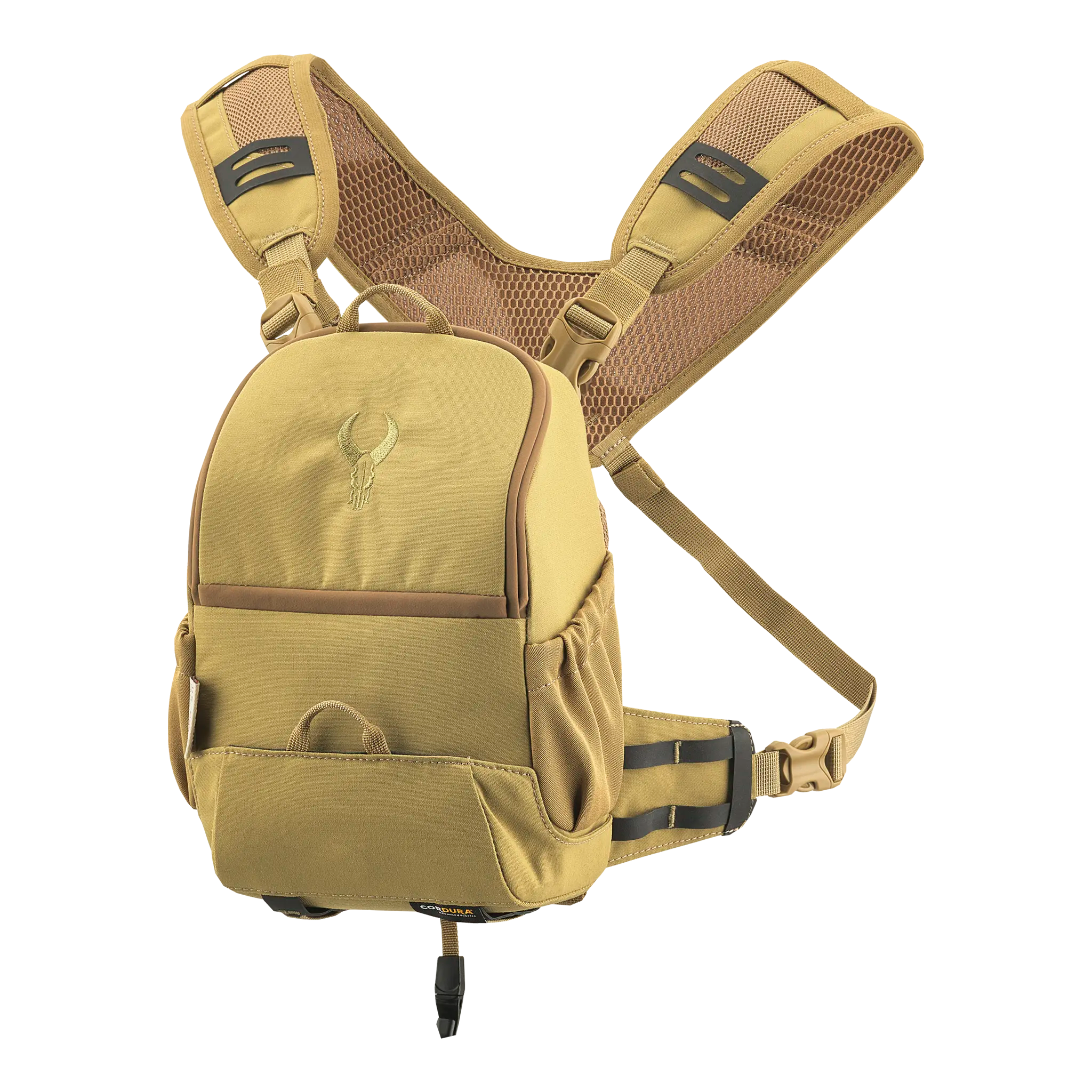 Tan backpack with mesh straps and Moonrivers skull logo on front, designed for outdoor use and easy accessibility.
