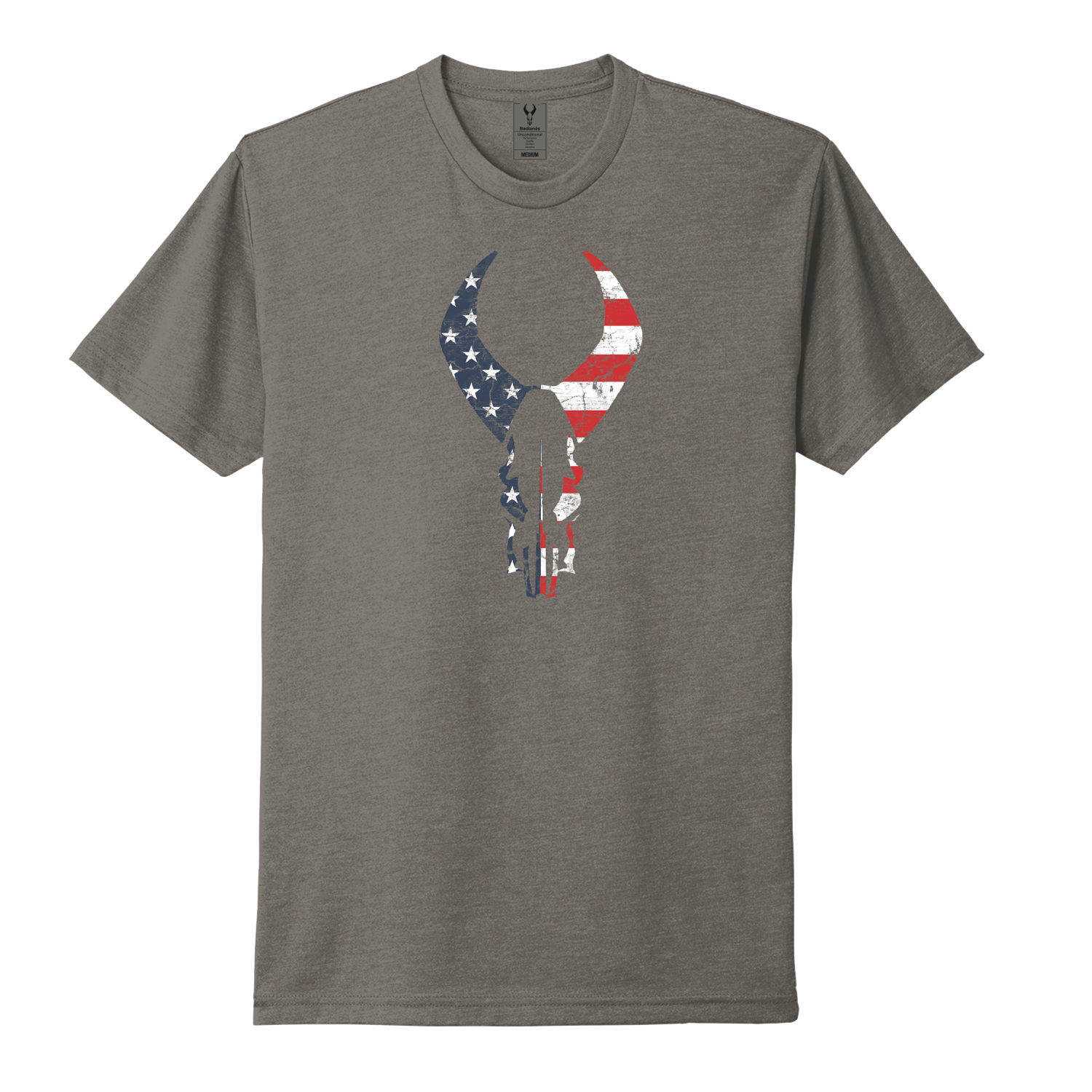 Gray t-shirt with Moonrivers skull logo in distressed American flag colors, centered on the chest.