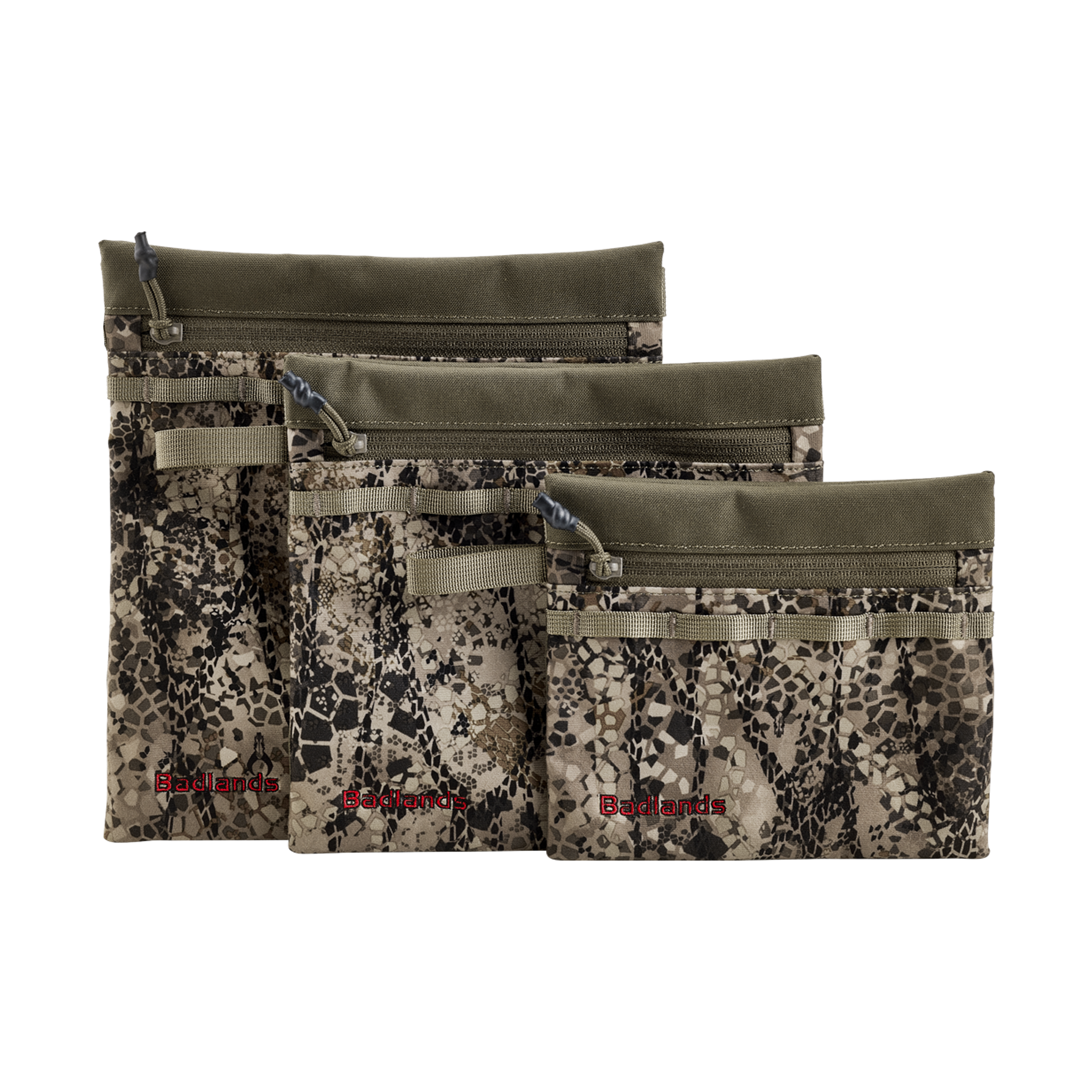 Three camo Moonrivers zip pouches with red Moonrivers logo, arranged by size, for organizing outdoor gear.