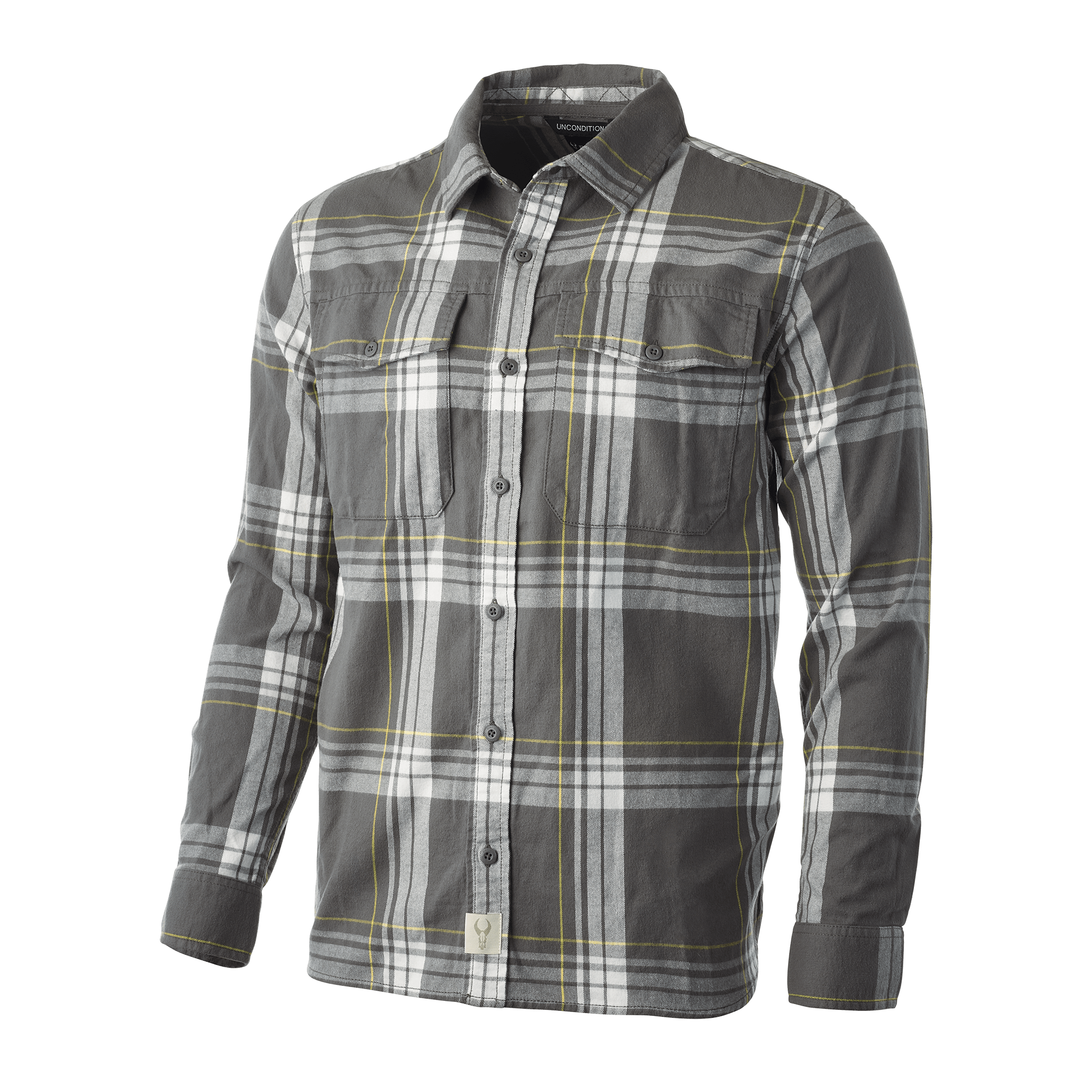 Gray plaid Moonrivers shirt with long sleeves, button front, chest pockets, and Moonrivers skull logo tag at the hem.