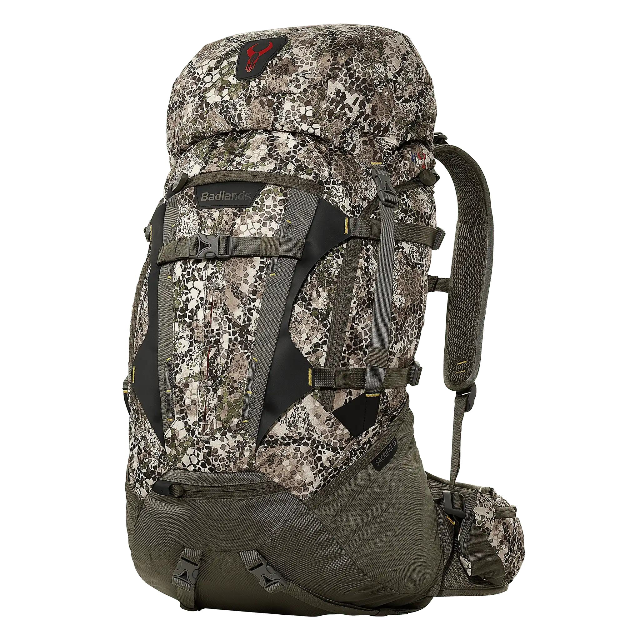 Camo hiking backpack with Moonrivers skull logo, padded straps, and multiple compartments for outdoor gear.