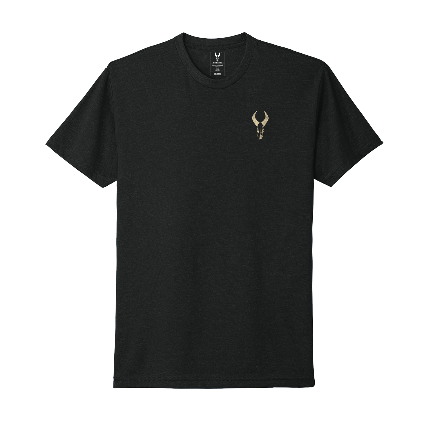 Black t-shirt with a small tan Moonrivers skull logo on the left chest; short sleeves, crew neck.