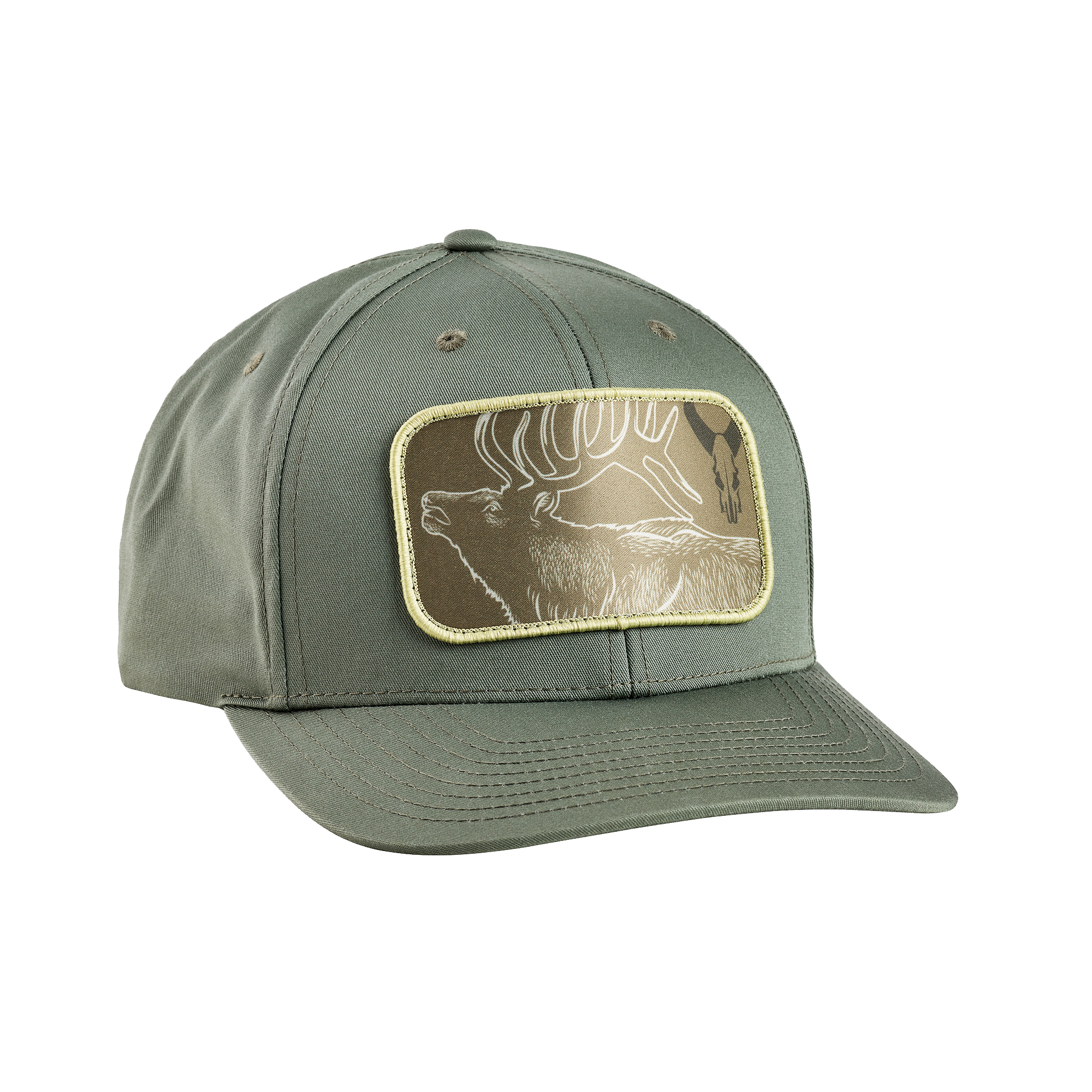 Olive green cap with elk and Moonrivers skull logo patch on front; structured brim and adjustable back.