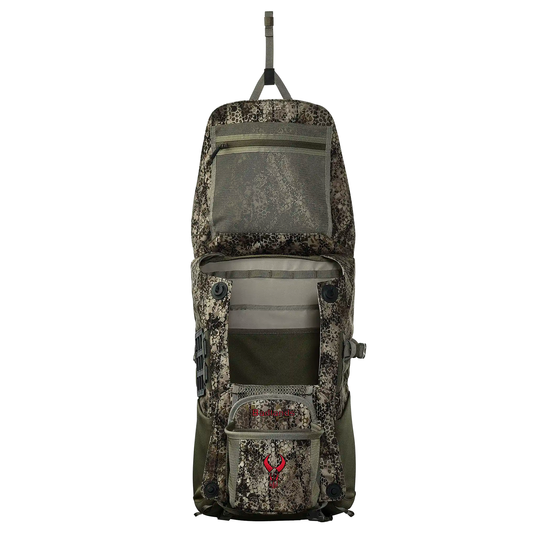 Open camouflage backpack with Moonrivers skull logo, multiple compartments, mesh pocket, and hanging strap visible.