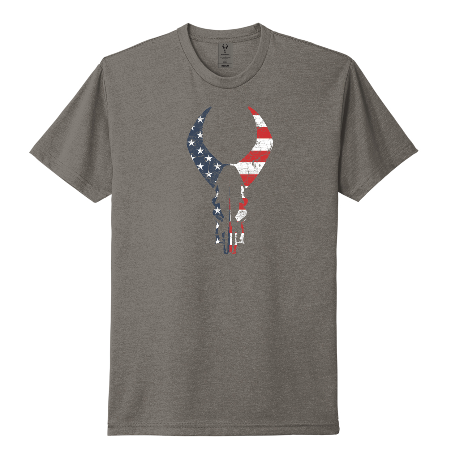 Gray t-shirt featuring a Moonrivers skull logo with an American flag design on the front.