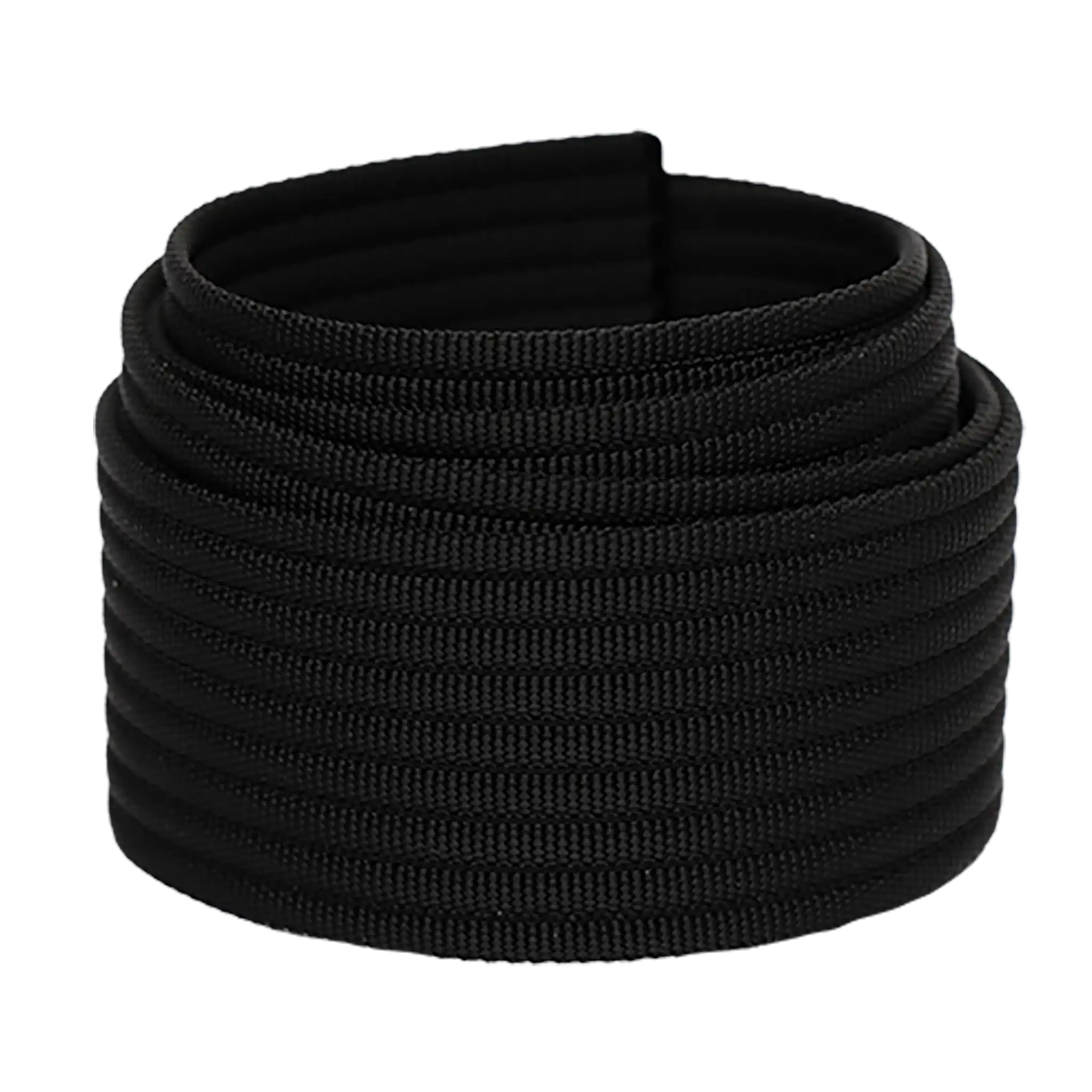 Coiled black paracord rope, suitable for outdoor, camping, or emergency use.