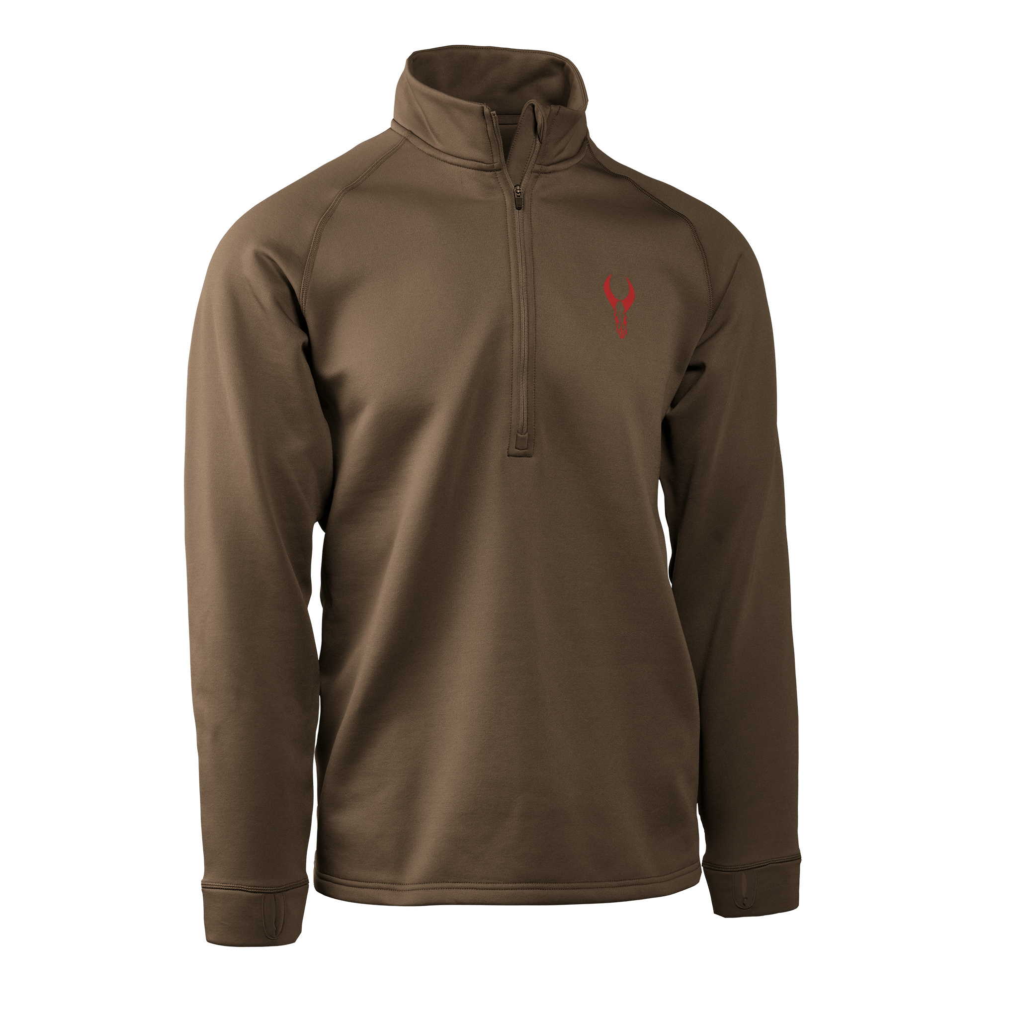 Brown quarter-zip pullover with red Moonrivers skull logo on left chest, long sleeves, and a stand collar.