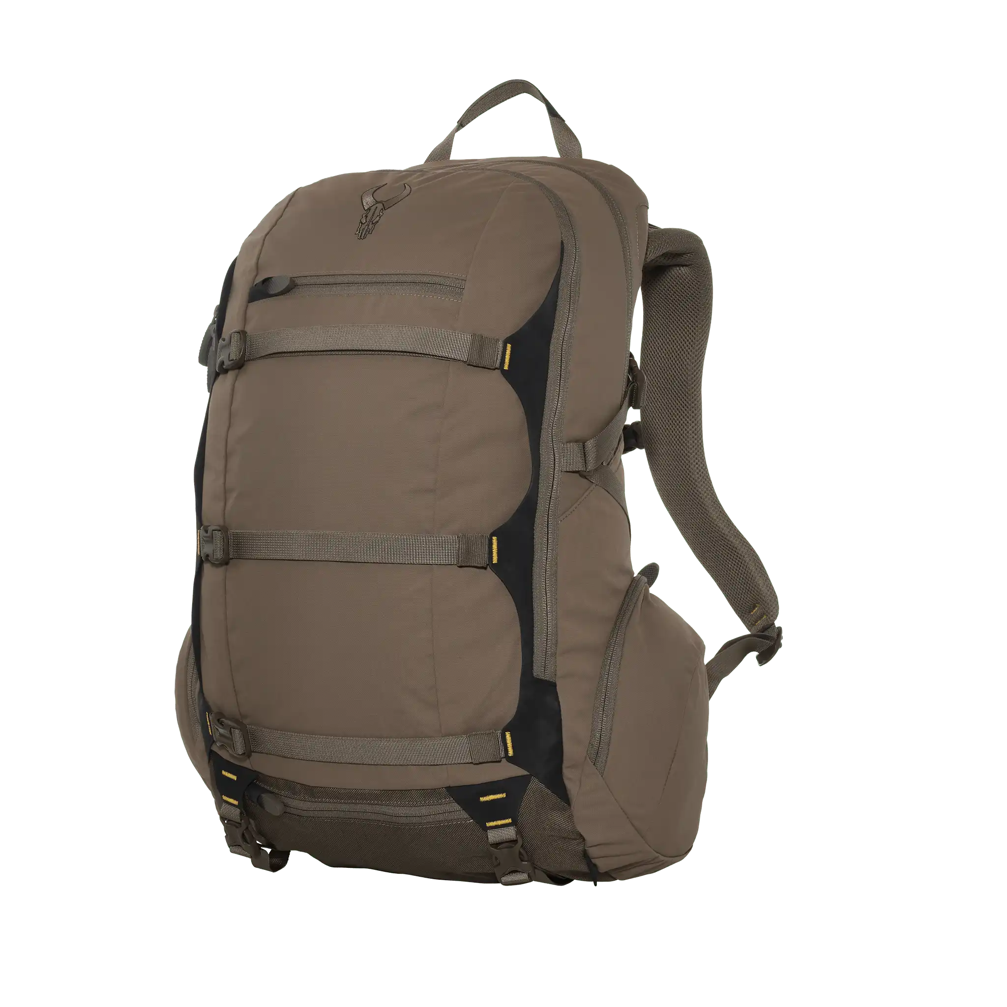 Tan backpack with padded straps and Moonrivers skull logo, featuring multiple compartments and adjustable buckles for support.