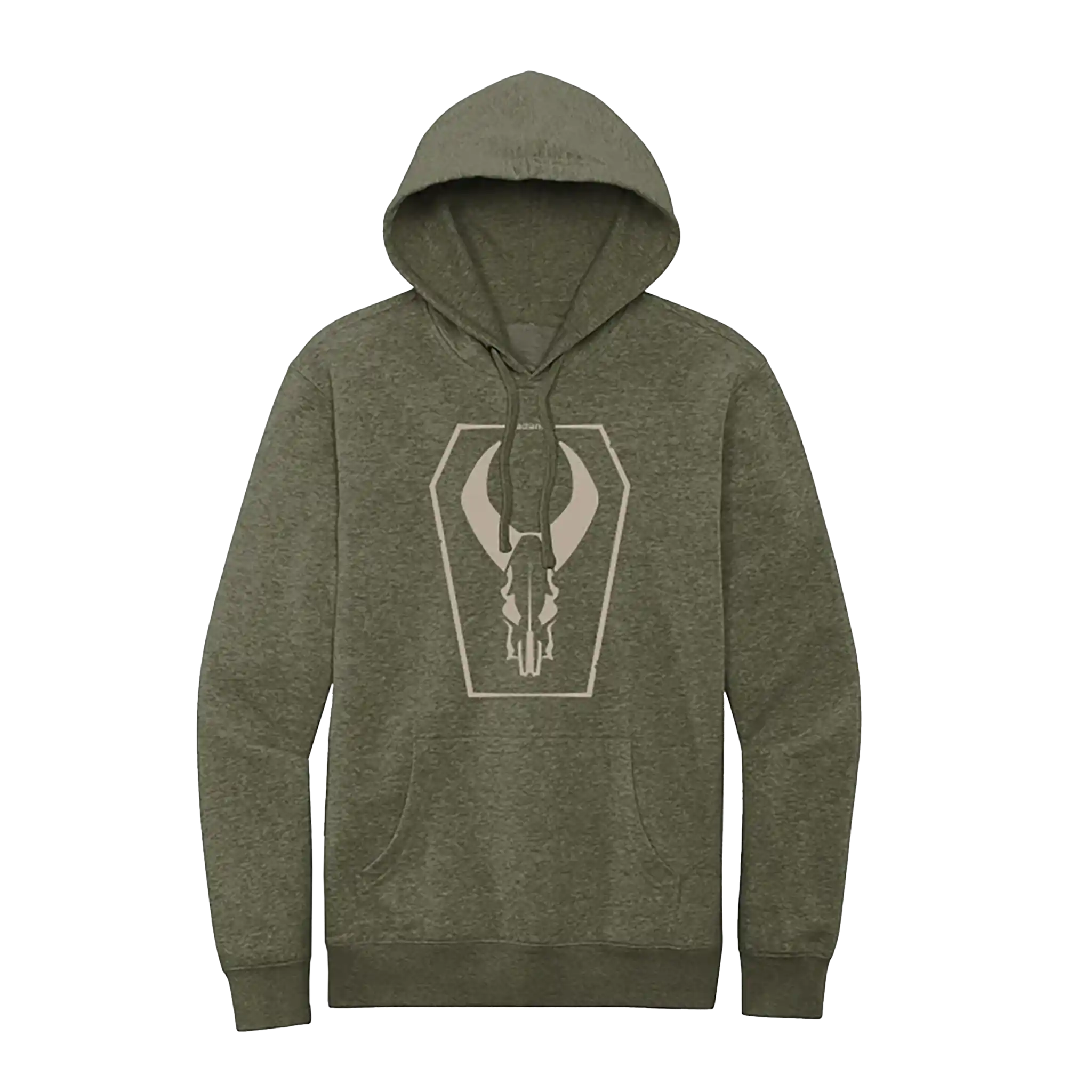 Olive hoodie featuring the Moonrivers Logo, a stylized skull design, on the chest. Front pocket and drawstring hood.