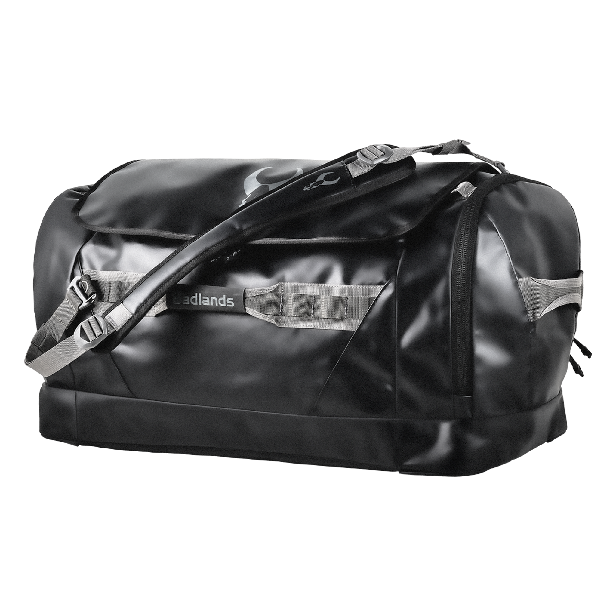 Black Moonrivers duffel bag with skull logo, gray straps, and side zipper; durable for travel or outdoor use.