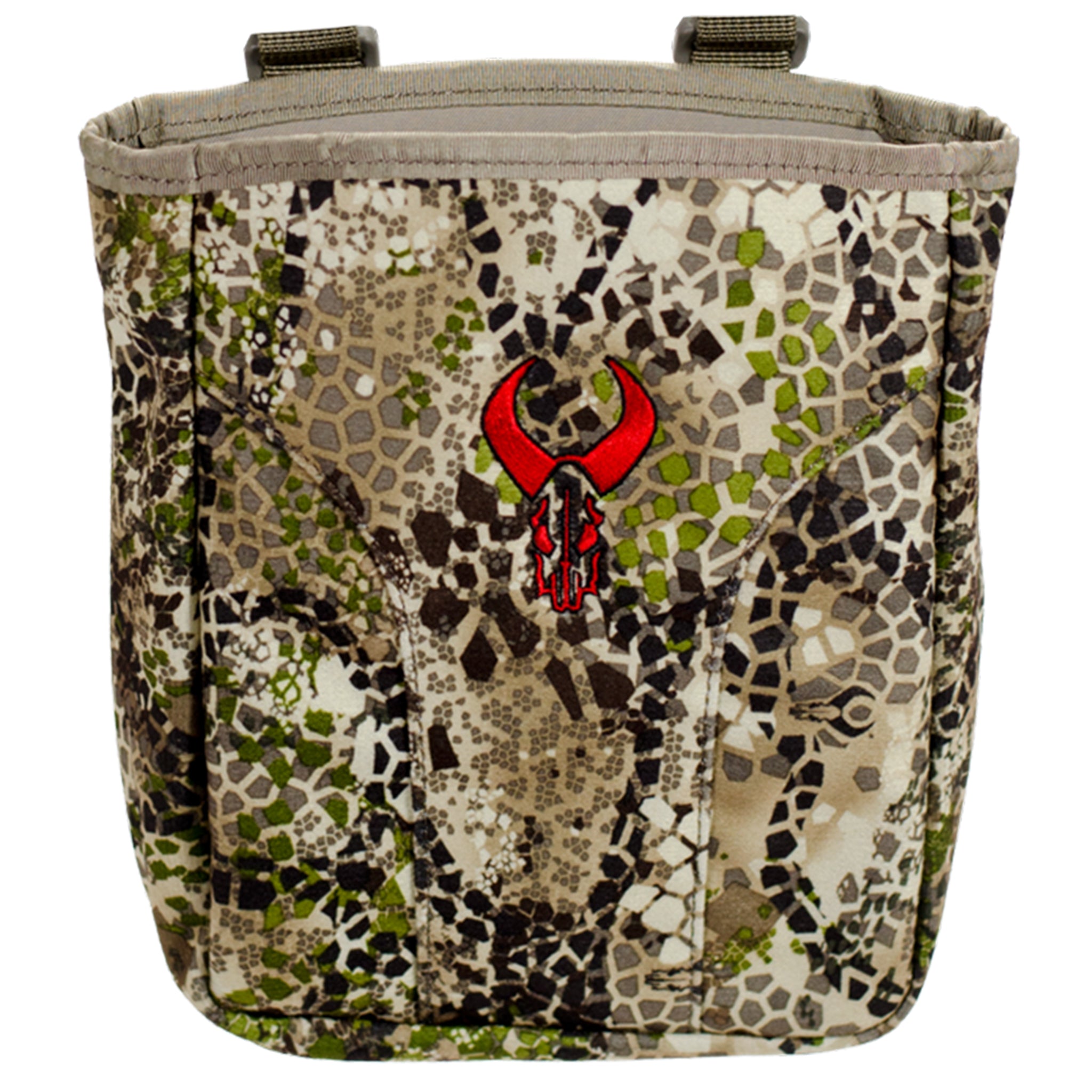 Moonrivers camo pouch with red skull logo, hexagonal pattern, and dual top loops for attachment.