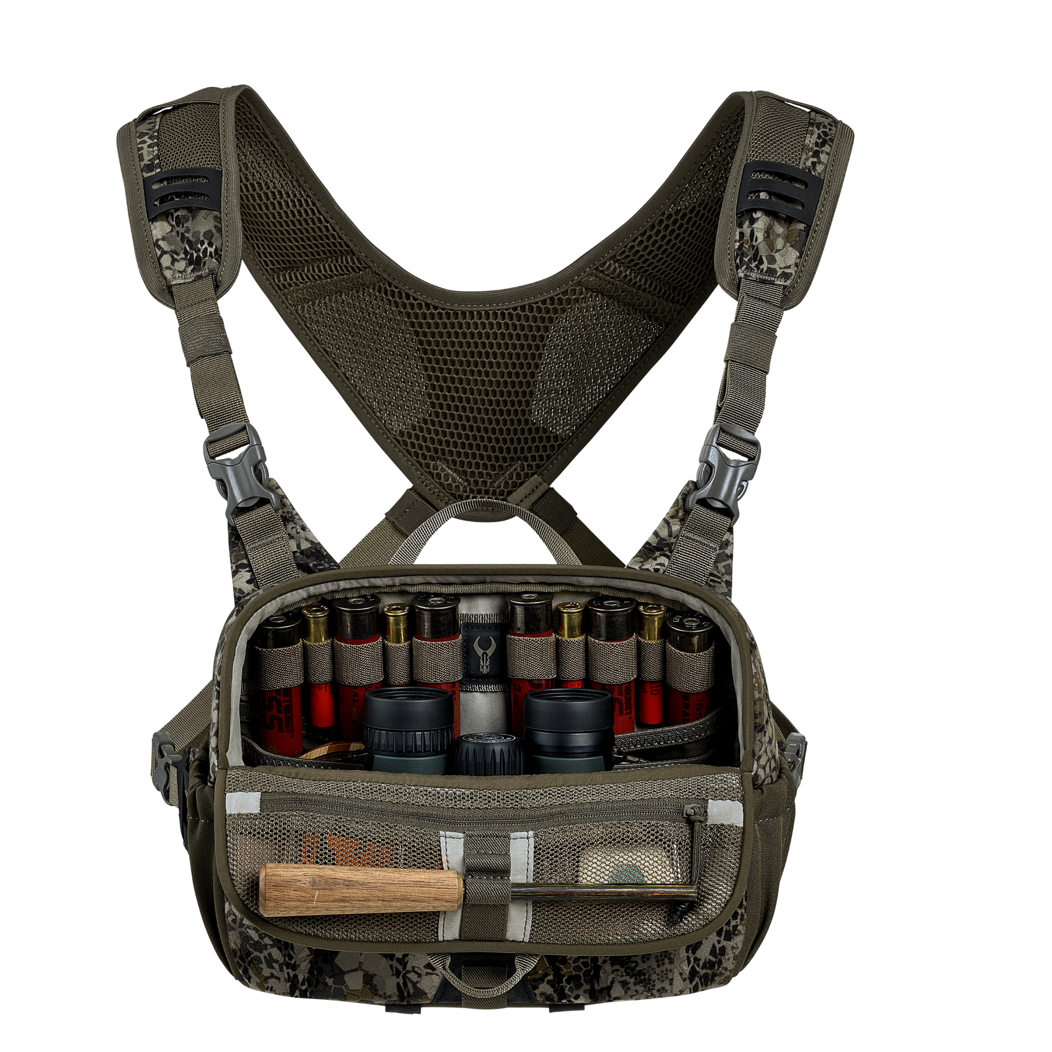 Camo chest pack with Moonrivers Logo, holding shotgun shells, small containers, and a wooden-handled tool in front pocket.